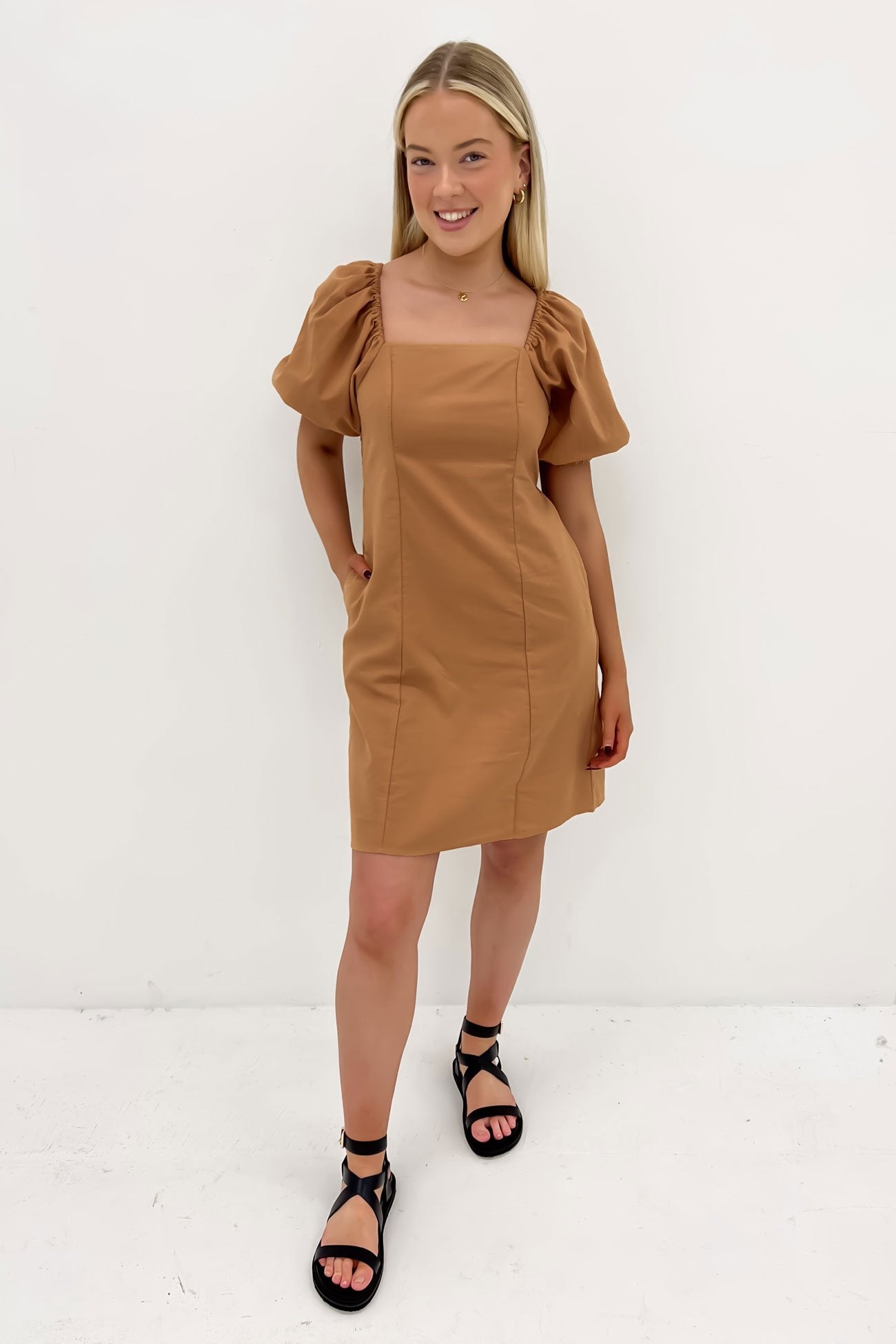 Aria Shirred Back Mini Dress Tan