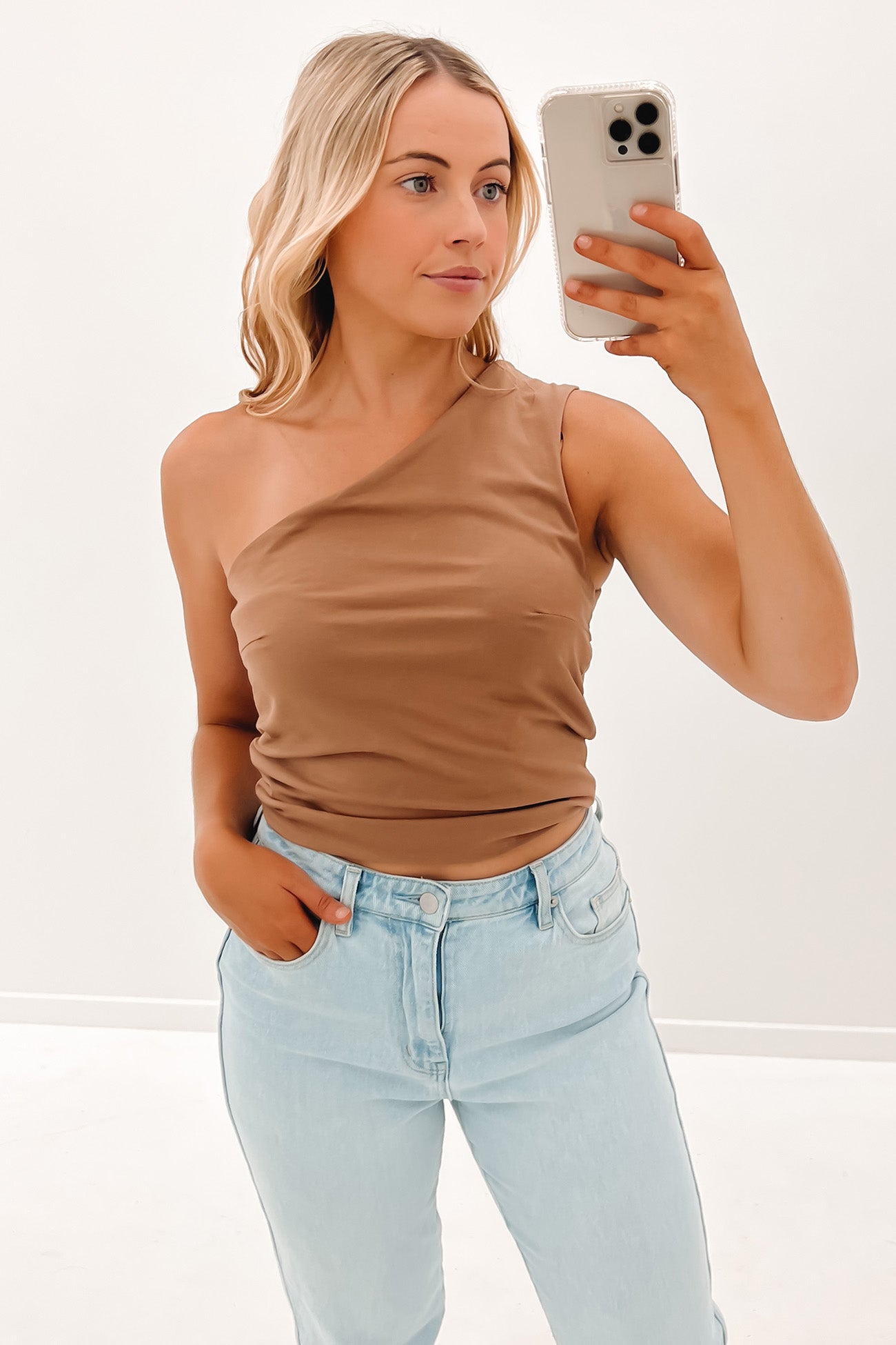 Bec One Shoulder Top Mocha Brown