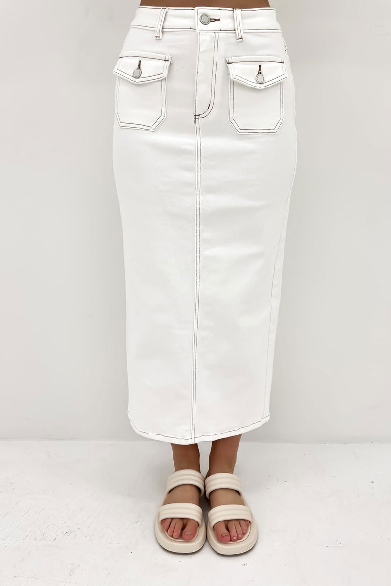 Caitlyn Denim Midi Skirt White