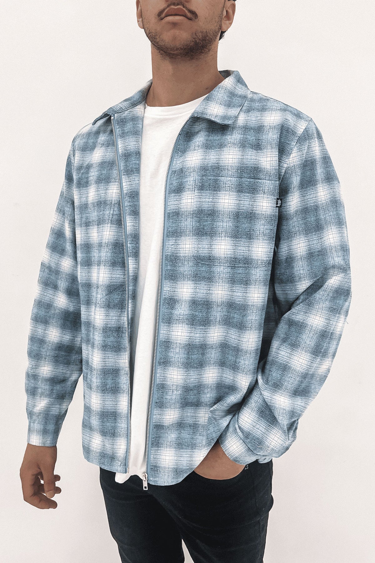 Check Long Sleeve Zip Shirt Blue - Jean Jail