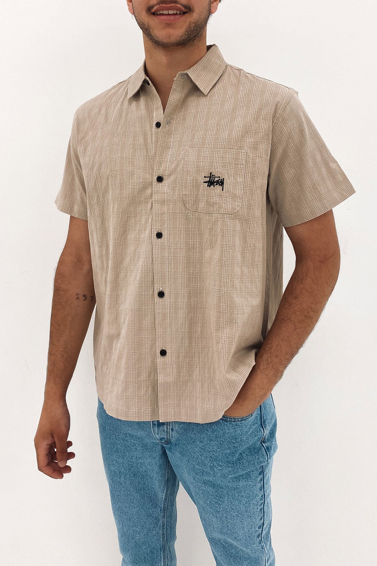 Check Seersucker Short Sleeve Shirt Cement