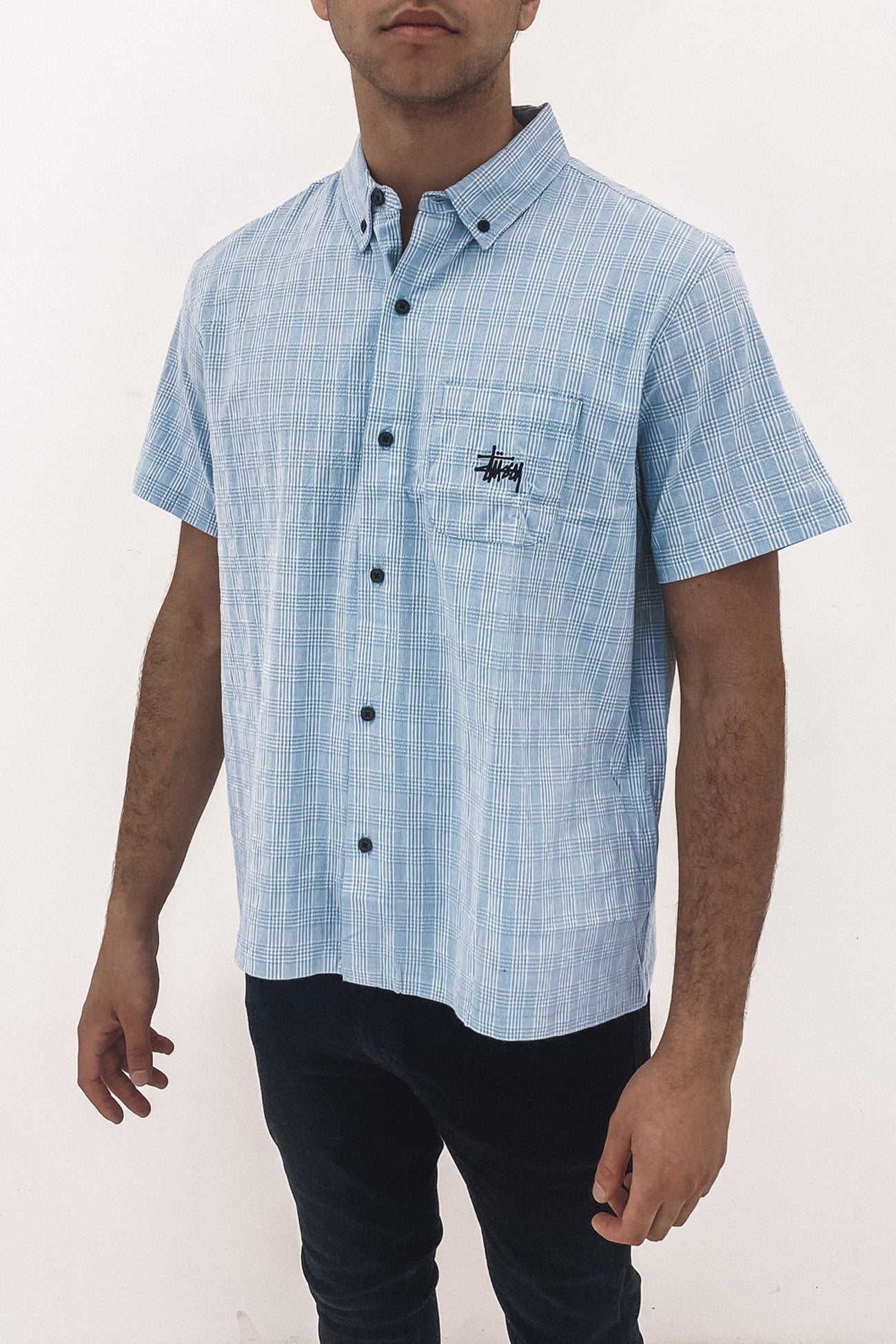 Check Seersucker Short Sleeve Shirt Powder Blue