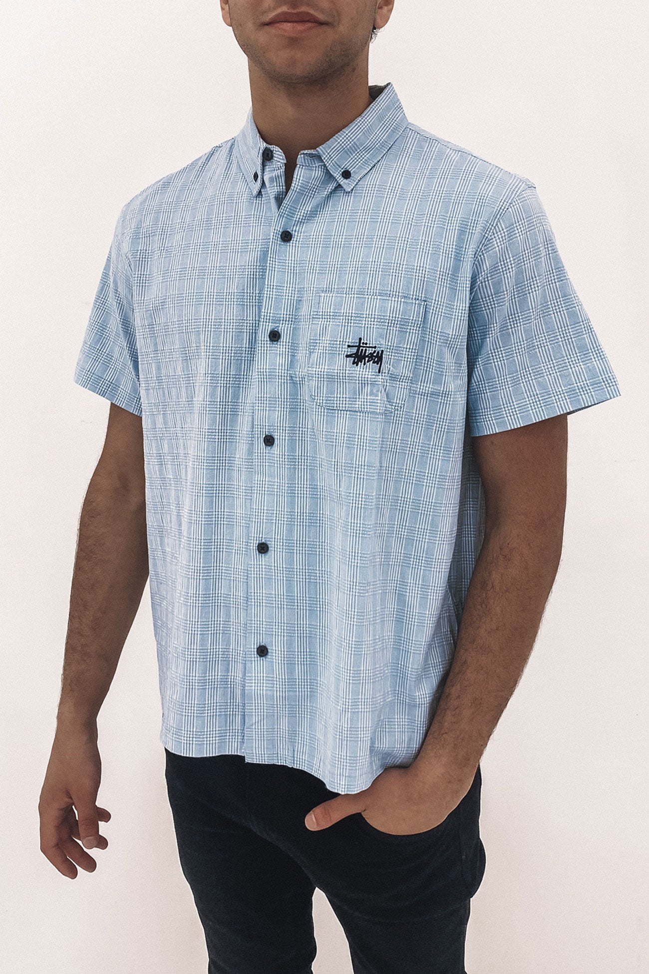 Check Seersucker Short Sleeve Shirt Powder Blue