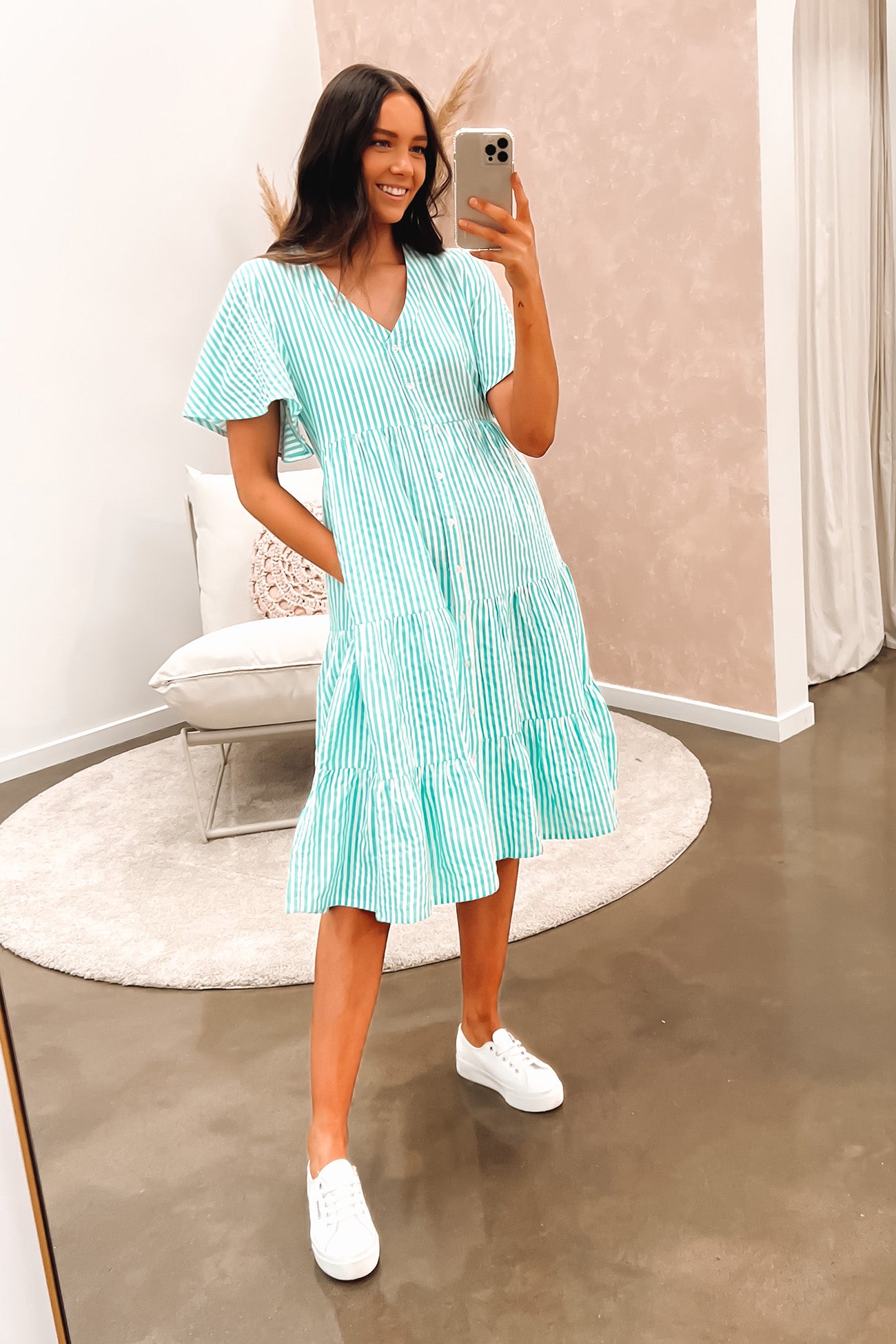 Chez Midi Dress Green White Stripe