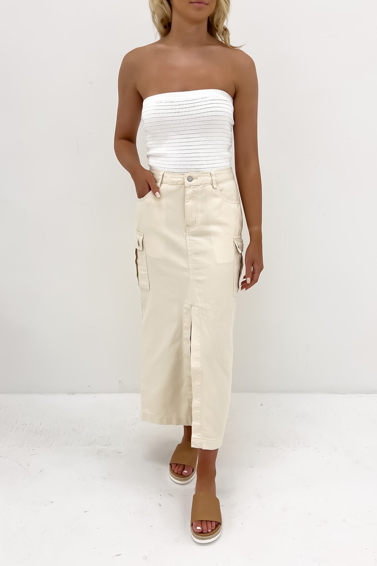 Citra Cargo Denim Midi Skirt Cream