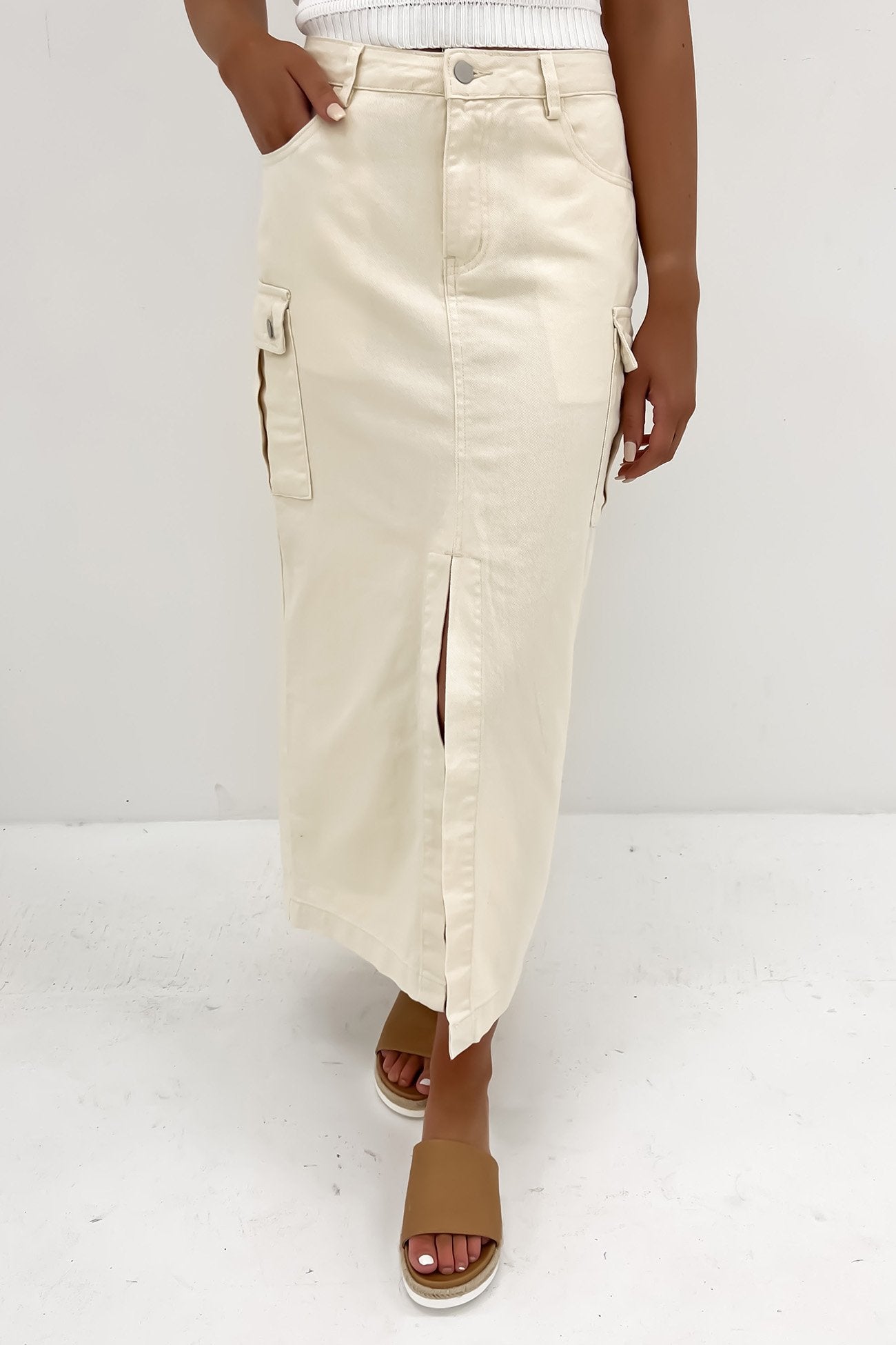 Citra Cargo Denim Midi Skirt Cream