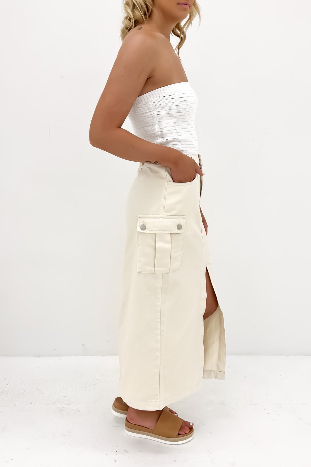 Citra Cargo Denim Midi Skirt Cream