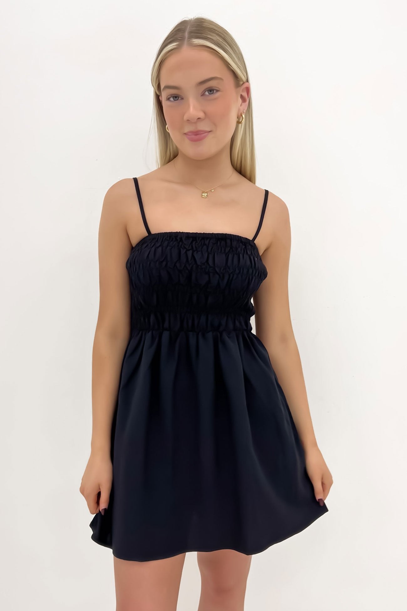 Classic Shirred Mini Dress Black