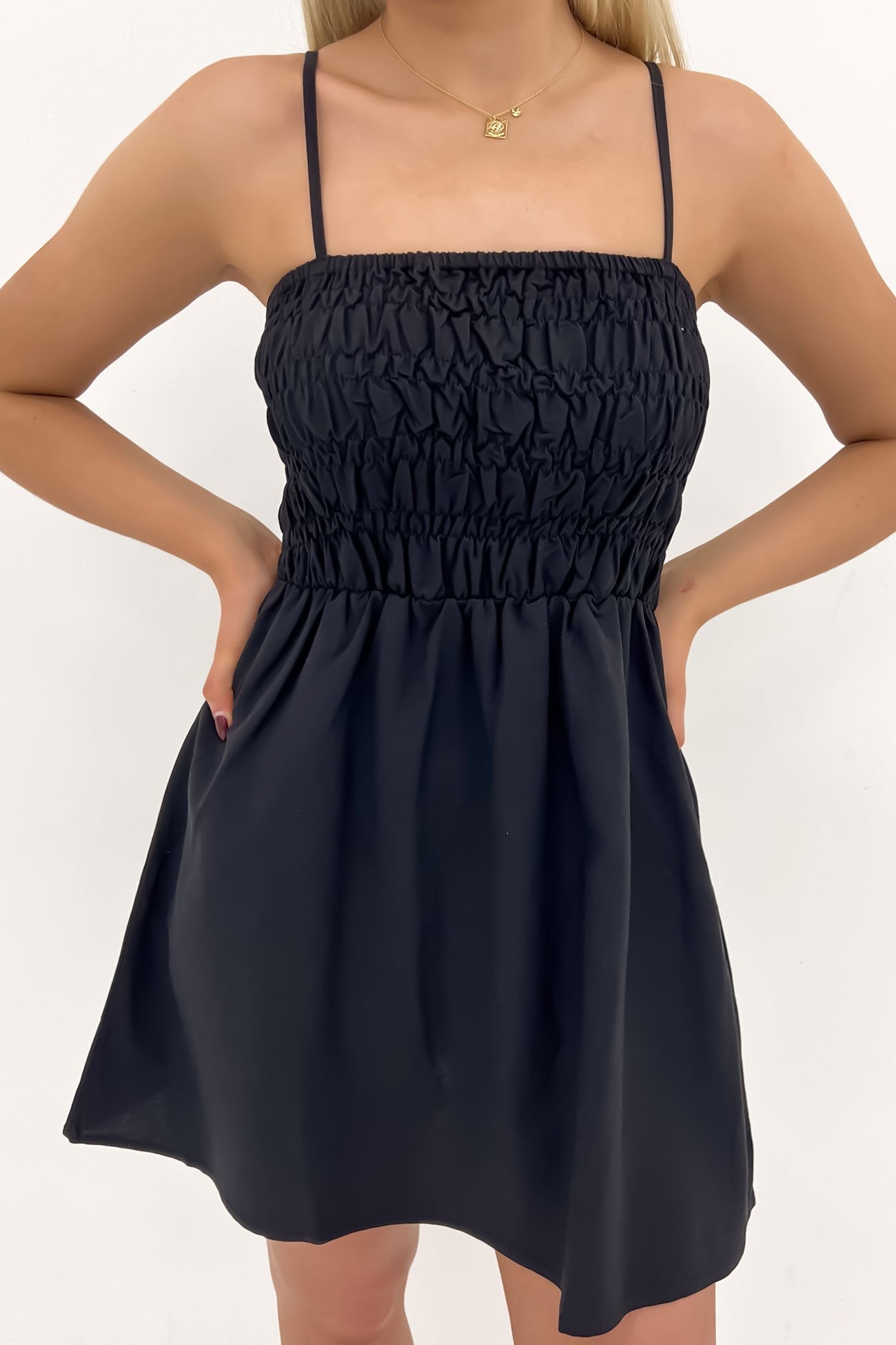 Classic Shirred Mini Dress Black