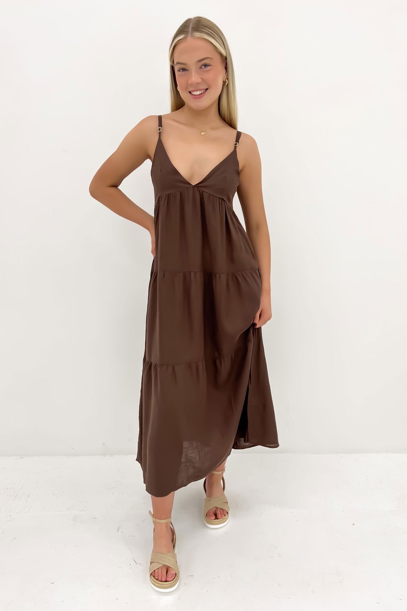 Classic Tiered Midi Dress Chocolate