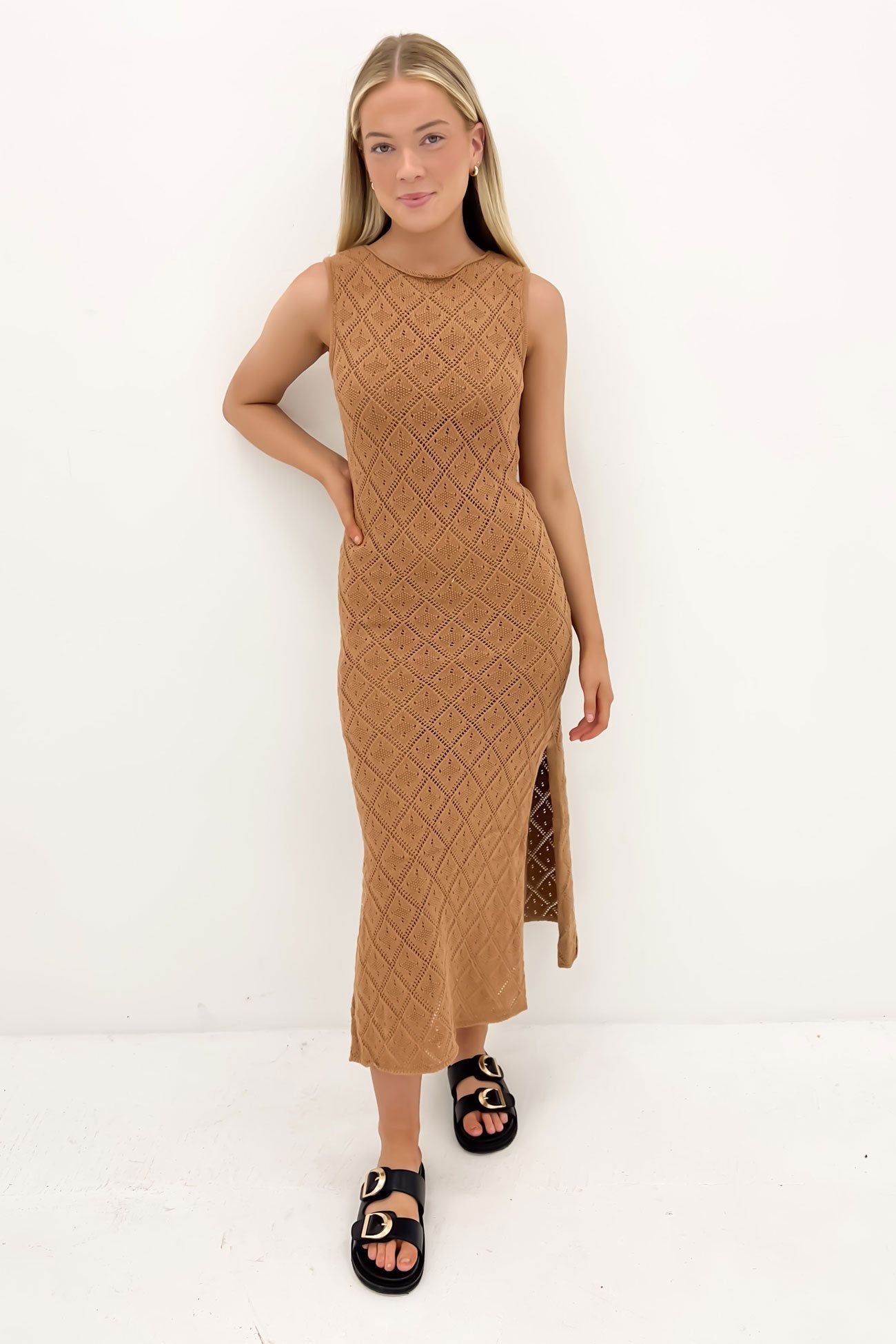 Coleman Crochet Maxi Dress Brown