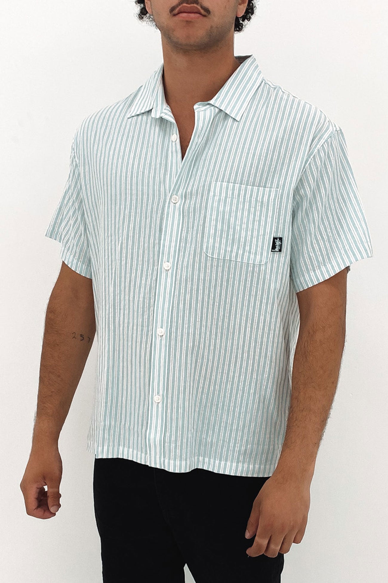 Cotton Stripe Short Sleeve Shirt Teal