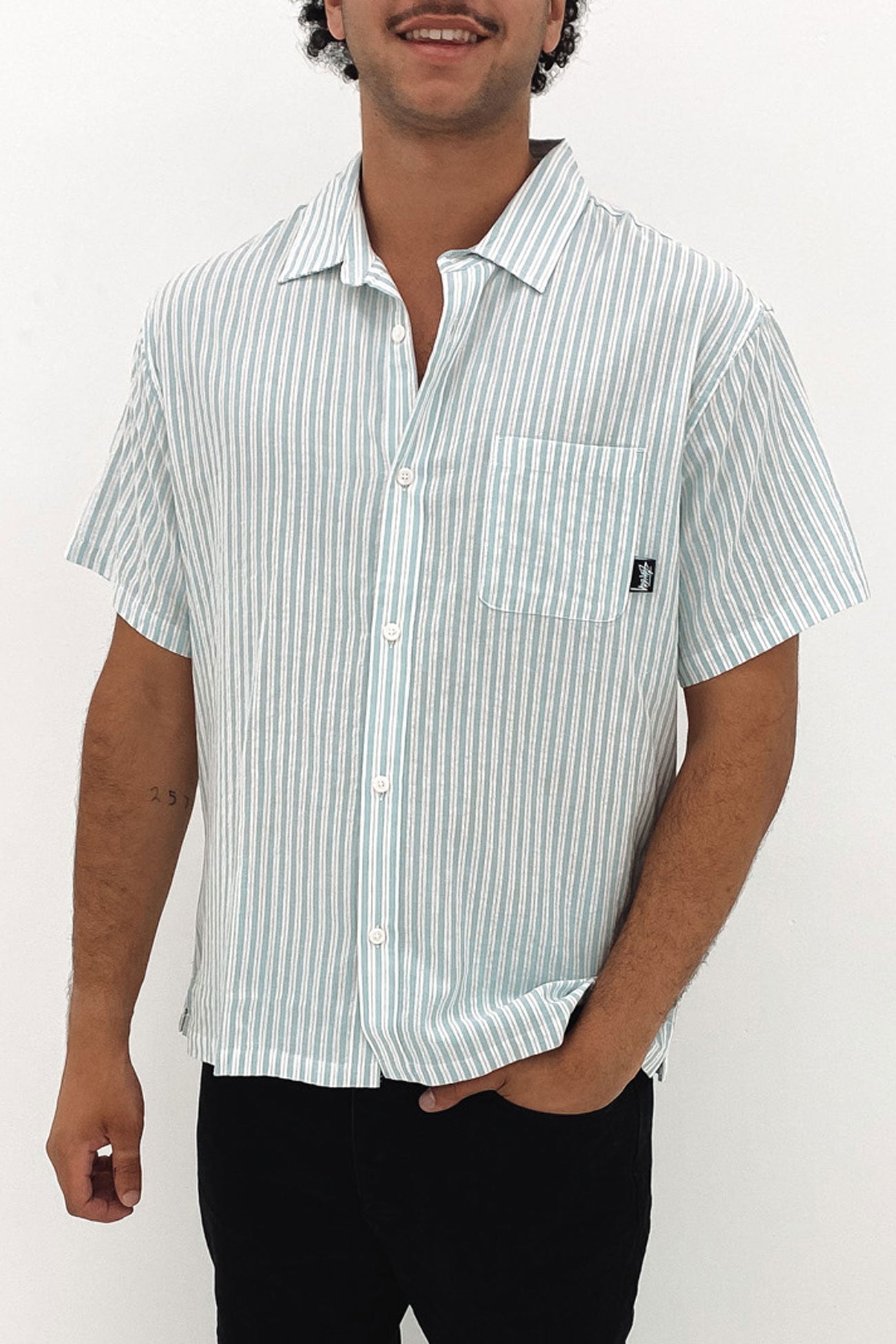 Cotton Stripe Short Sleeve Shirt Teal