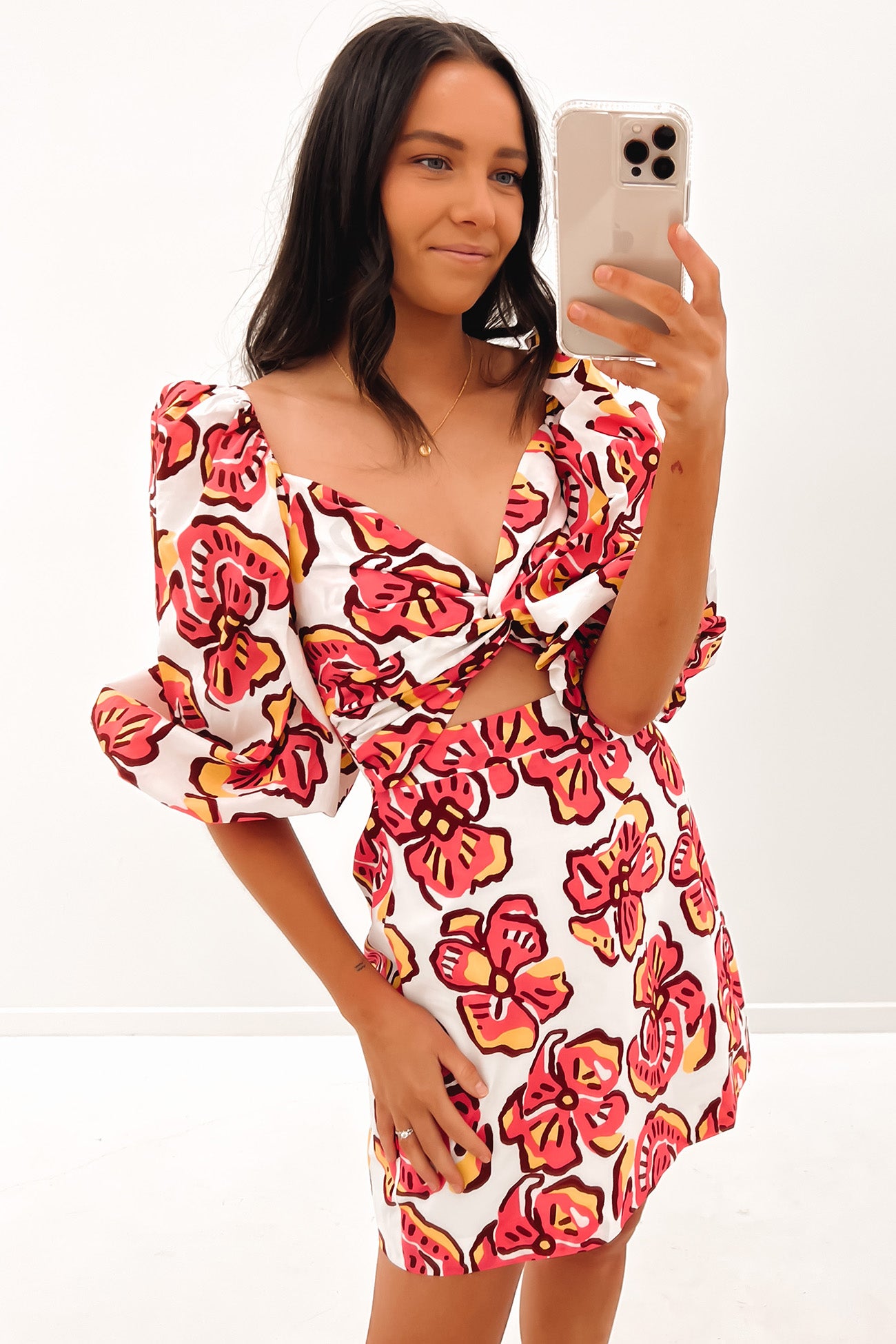 Cut Out Mini Dress Bold Floral Pink