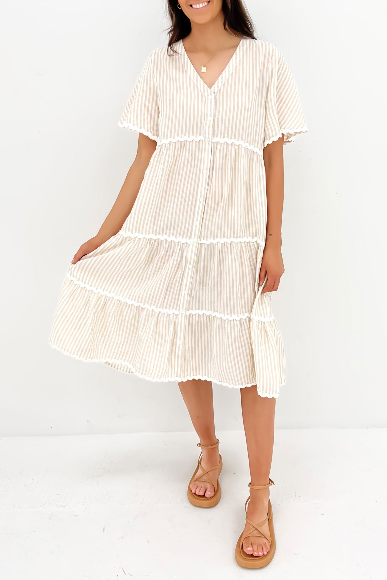 Dahlia Midi Dress Latte Stripe