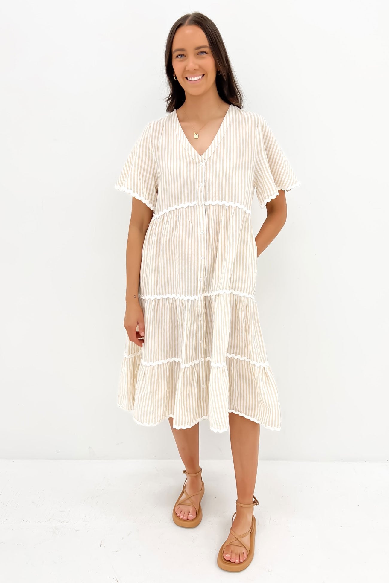 Dahlia Midi Dress Latte Stripe