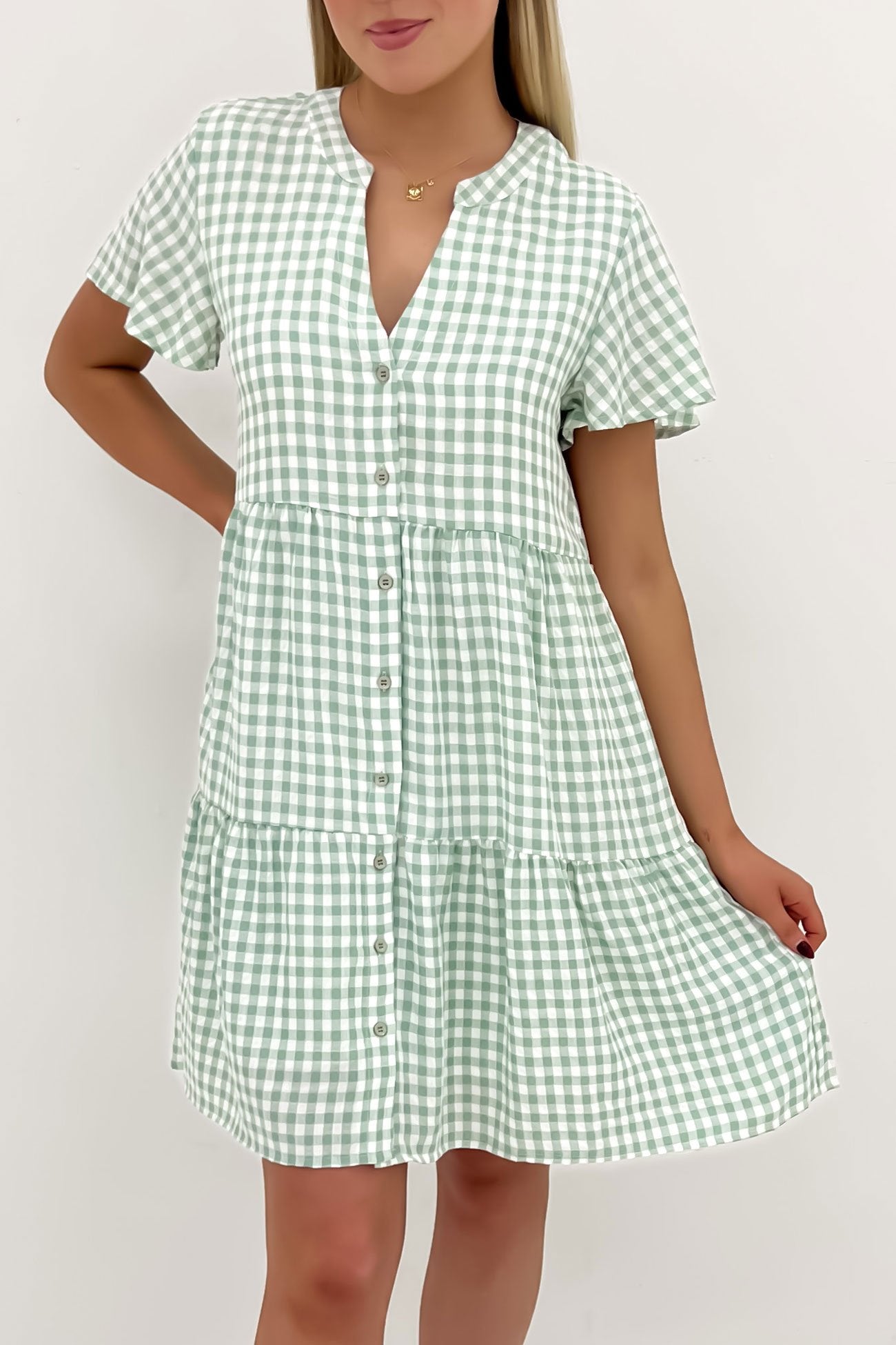 Elijah Mini Dress Sage Gingham