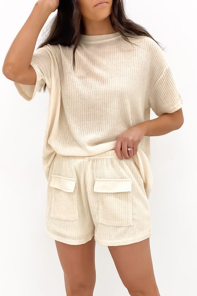 Elkie Ribbed Lounge Set Cream