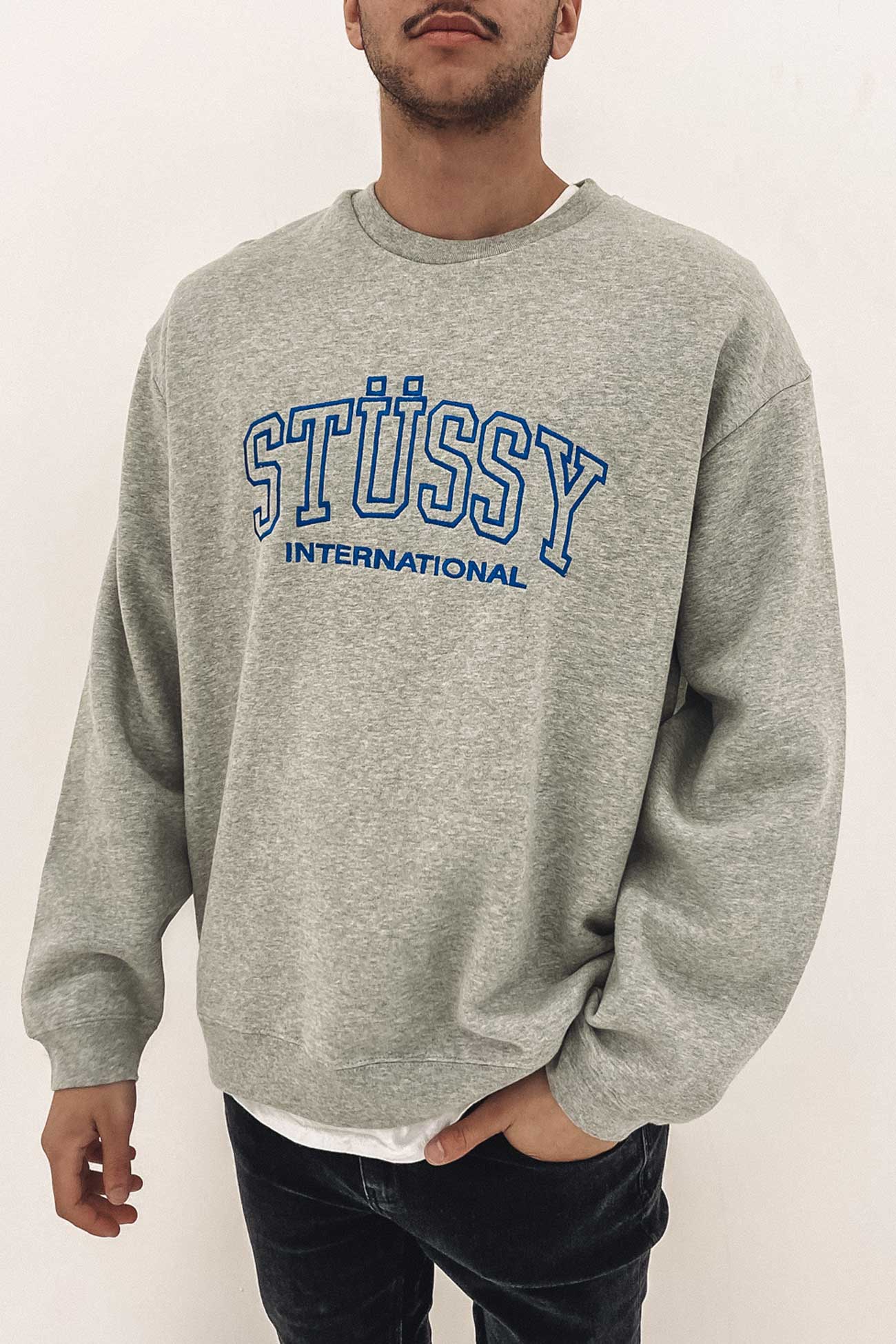 Embroidered College International Crew Grey Marle