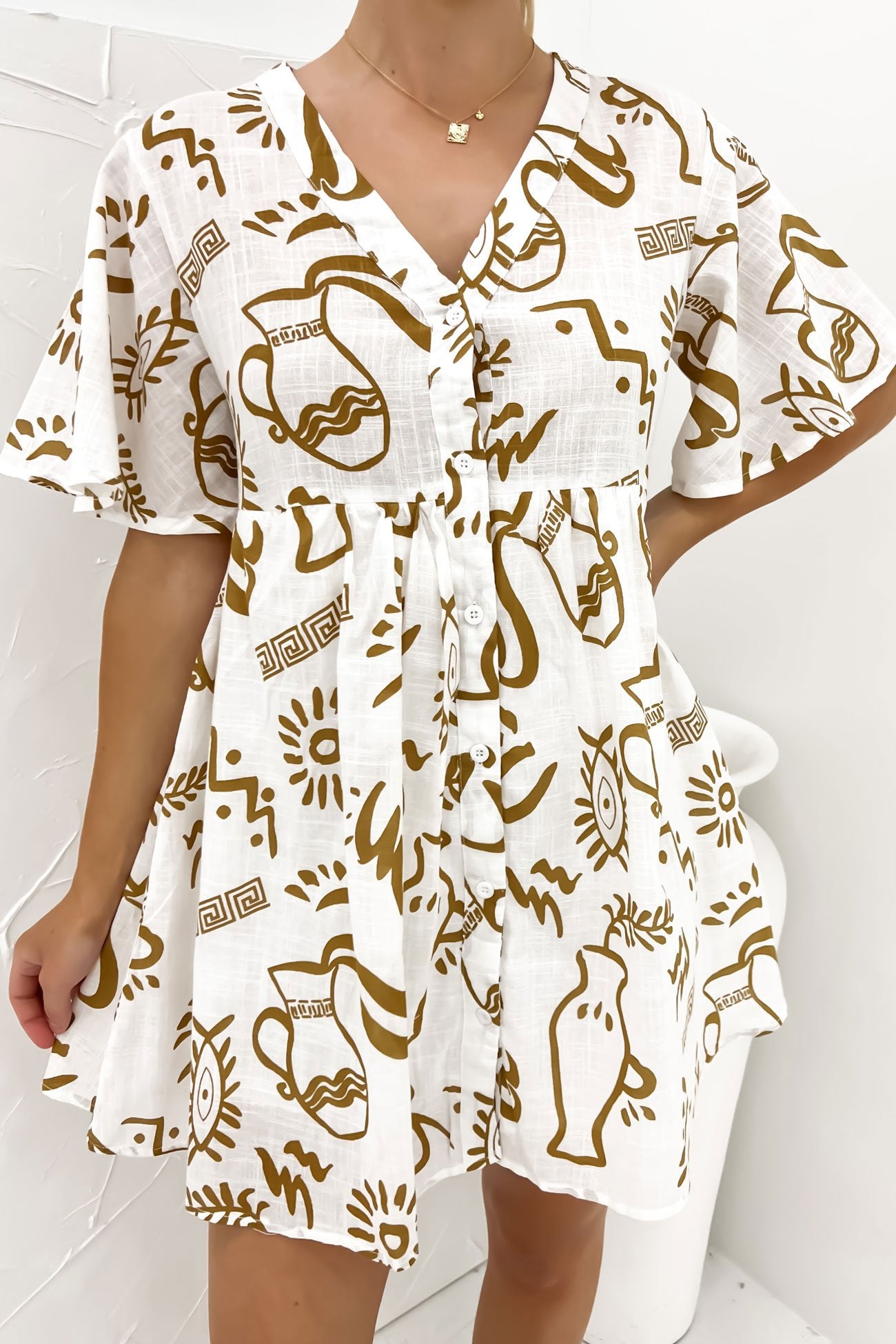 Emersyn Mini Dress White Tan Aztec Vase