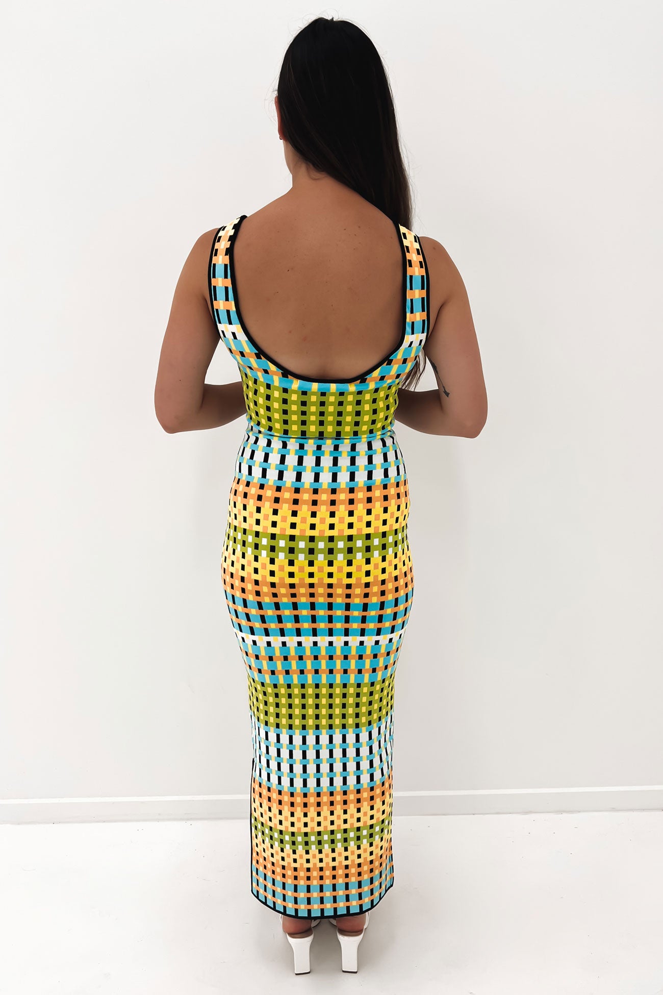 Eve Grid Scoop Back Midi Dress Green Multi