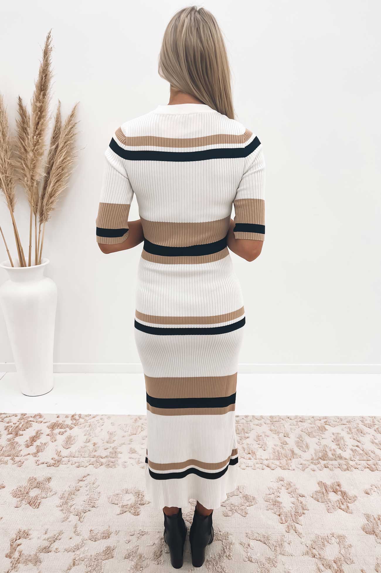 Freya Knit Midi Dress White Beige Black