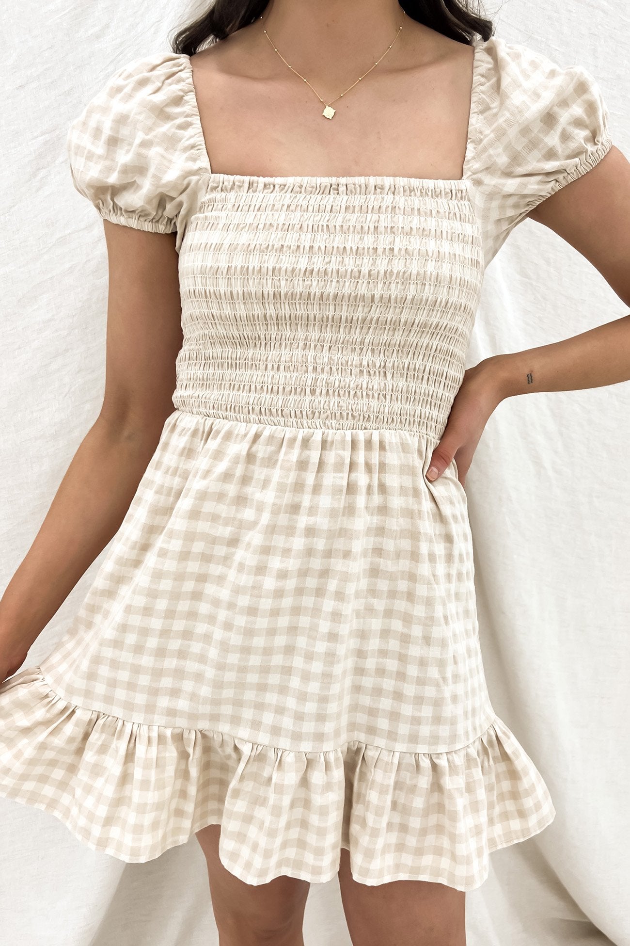 Gerogette Shirred Dress Oatmeal