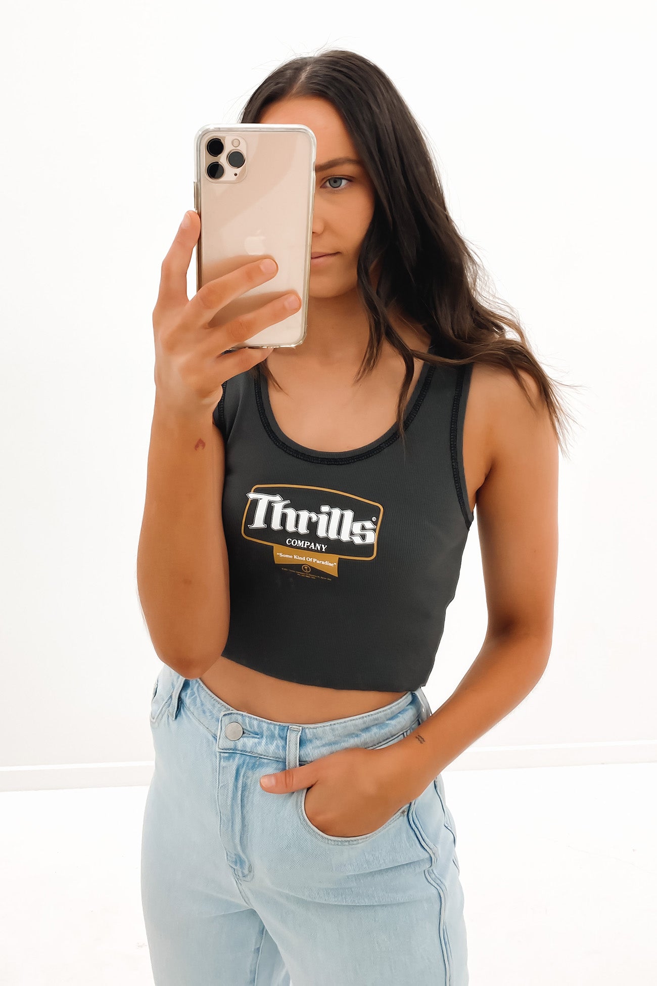 Gold Ribbon Crop Rib Singlet Merch Black