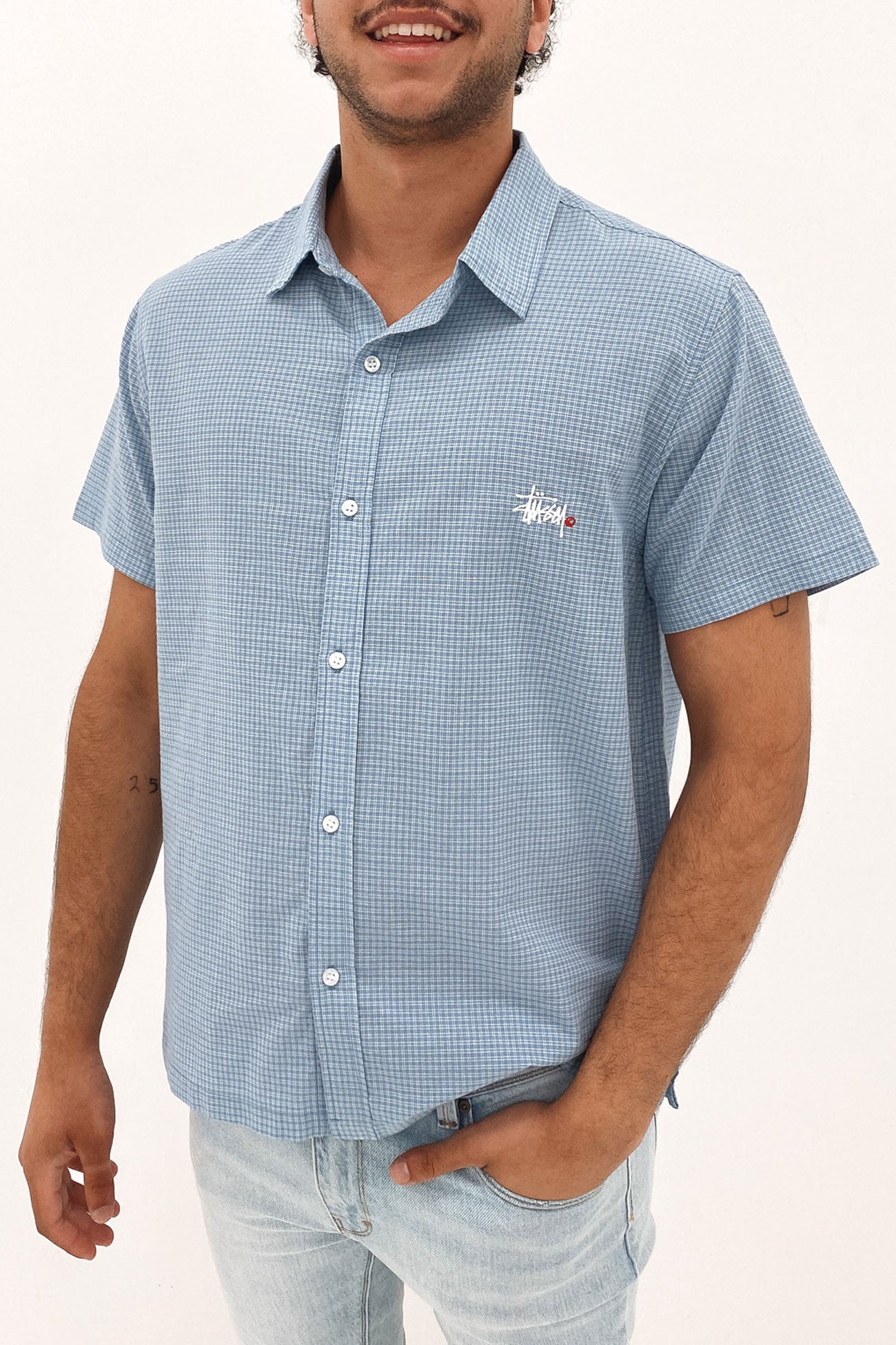 Graffiti Oxford Short Sleeve Shirt Blue Check