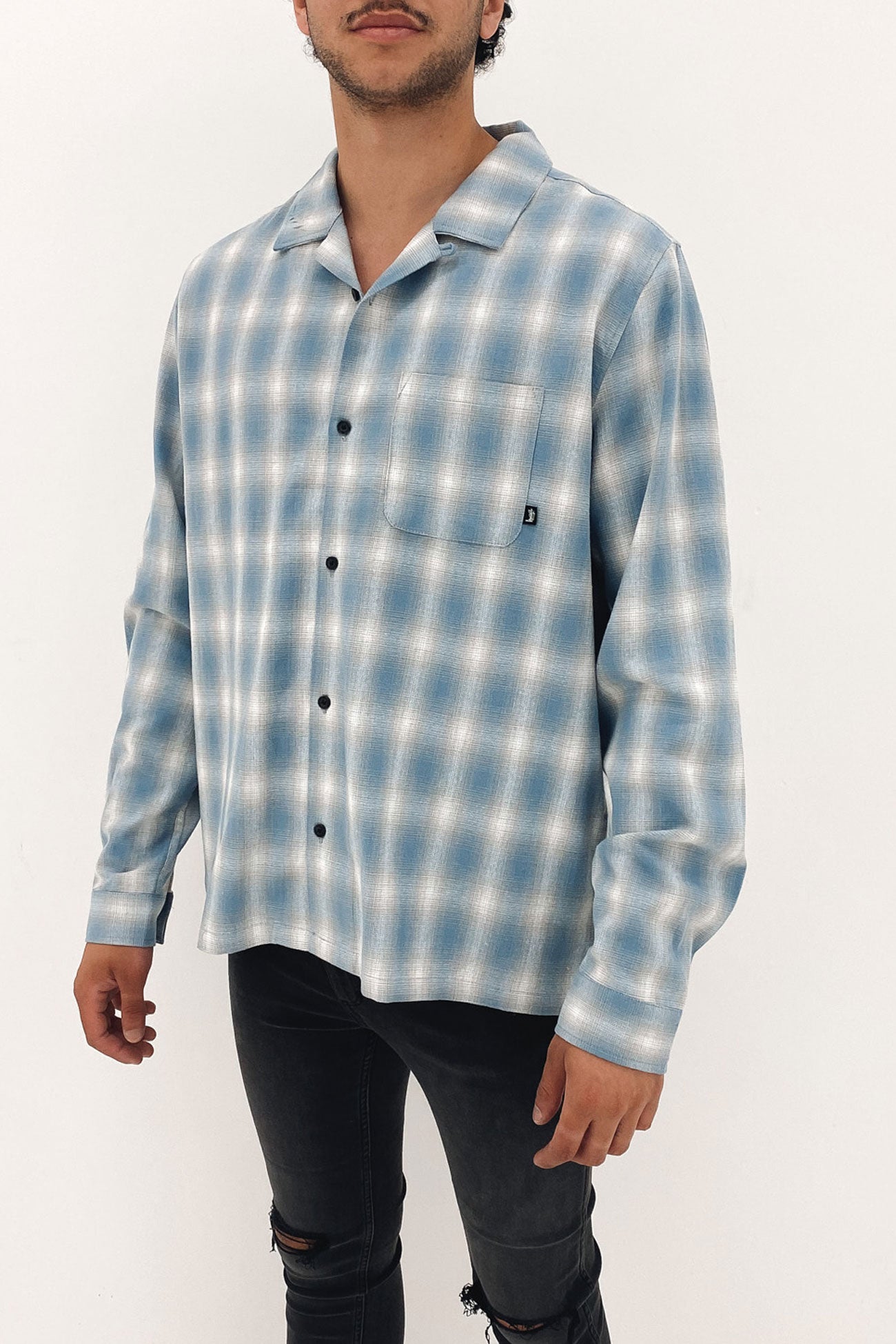 Resort Collar Check Long Sleeve Shirt Blue