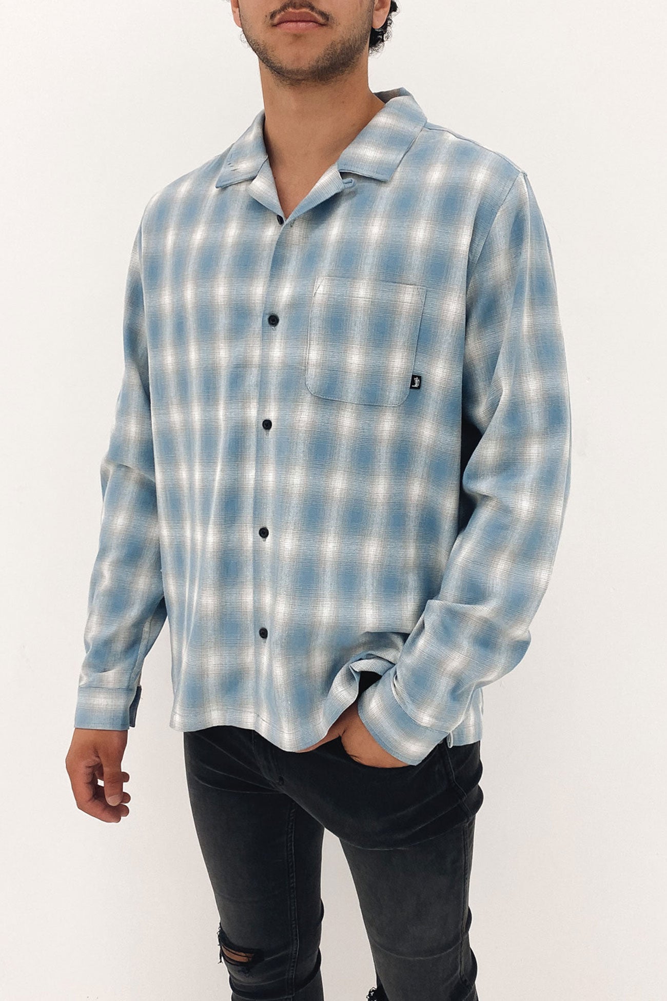 Resort Collar Check Long Sleeve Shirt Blue