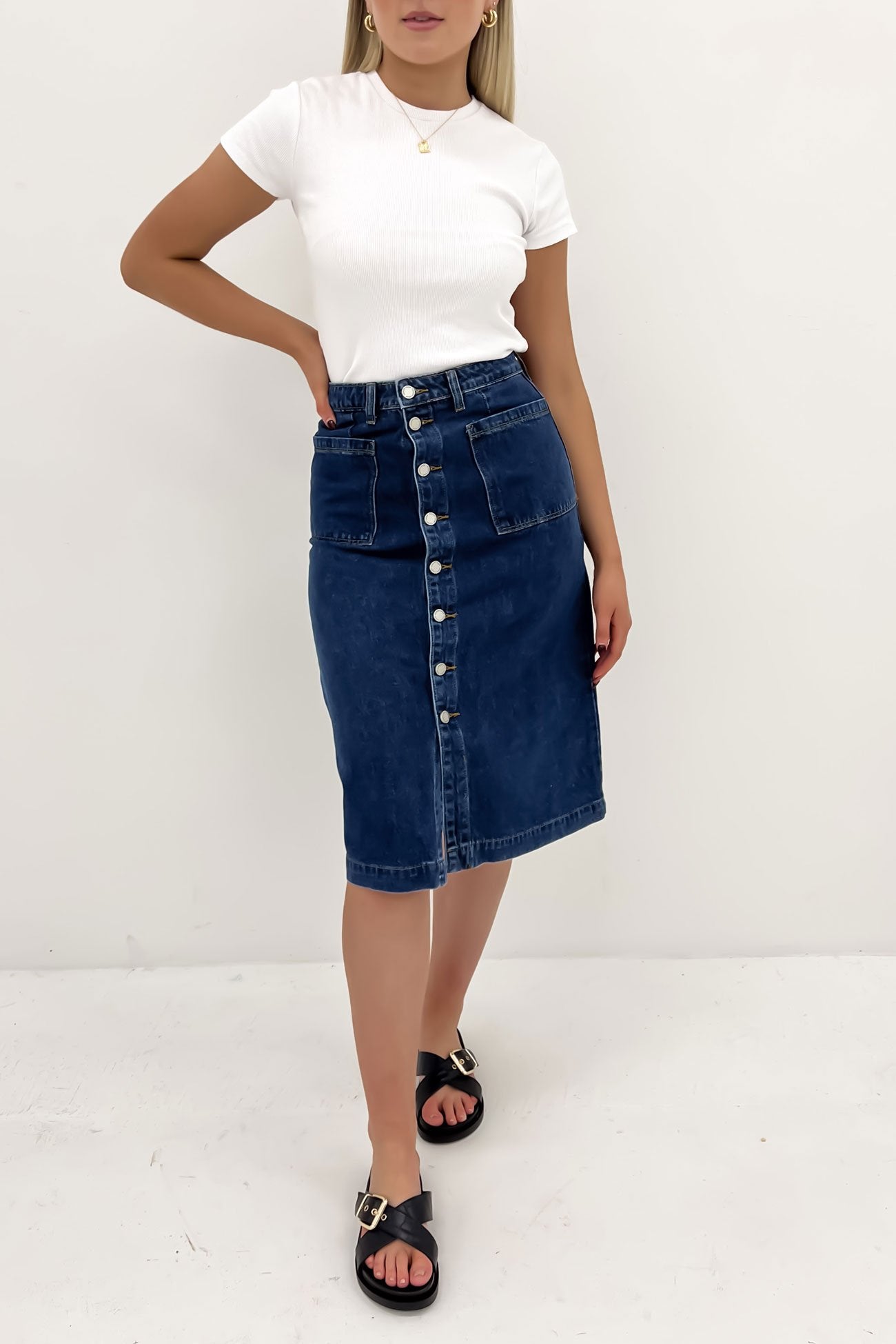 Kaydyn Denim Midi Skirt Mid Blue