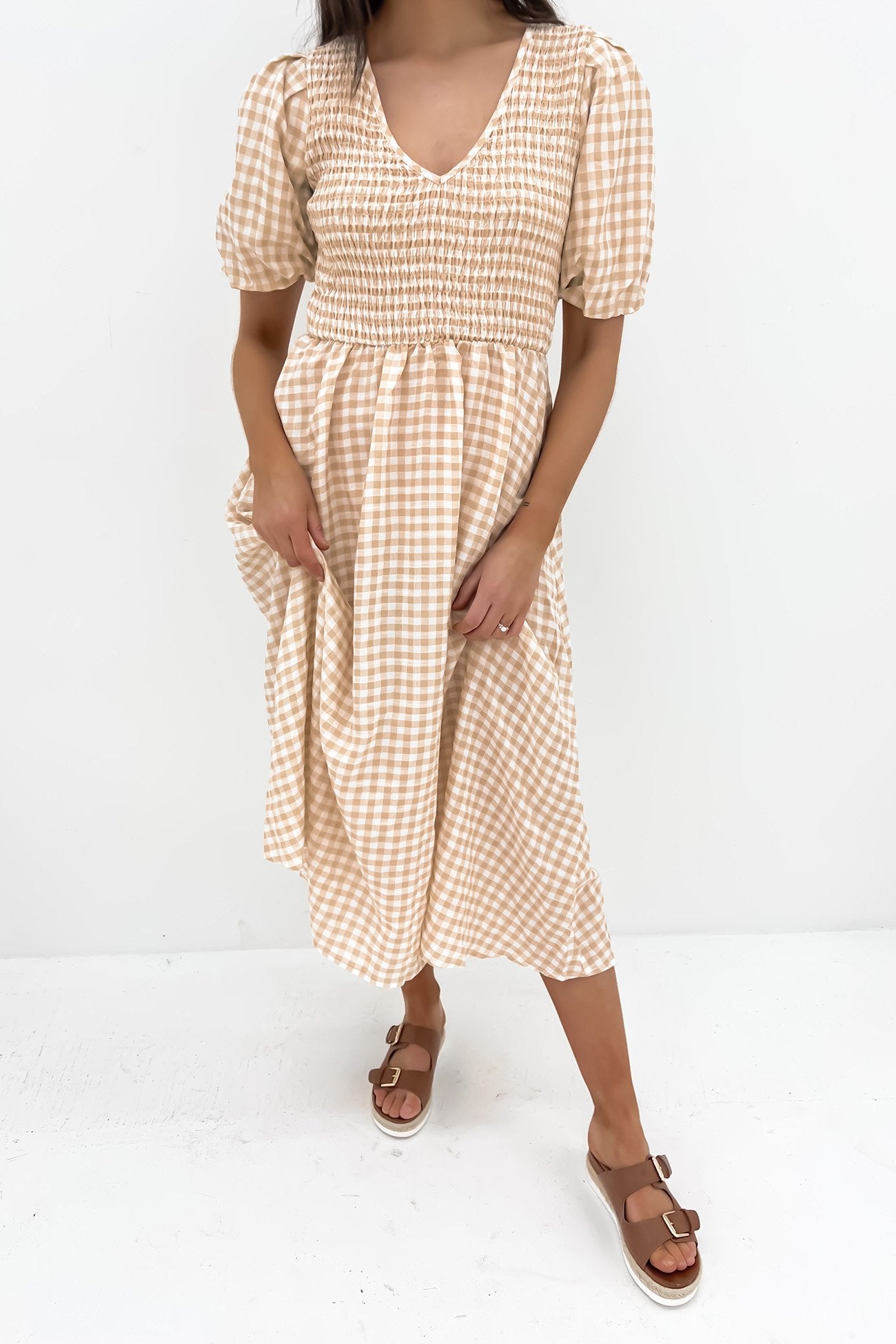 Keisha Midi Dress Beige Gingham