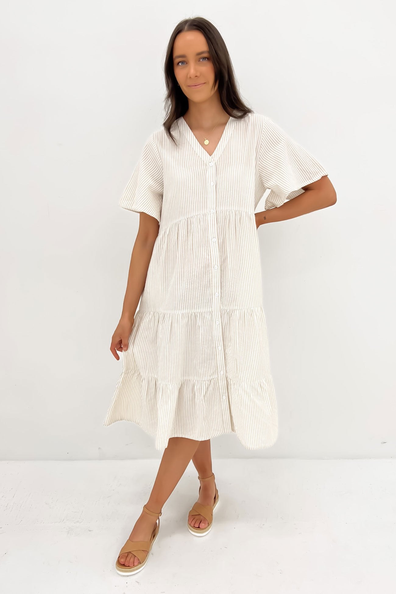 Kelis Midi Dress Latte Stripe