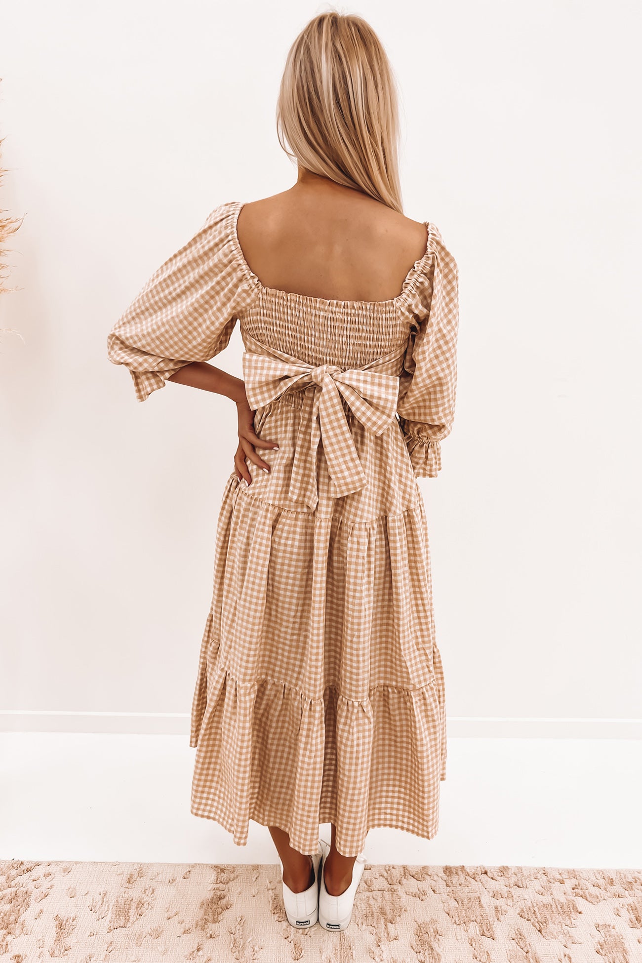 Kelsey Midi Dress Beige Check