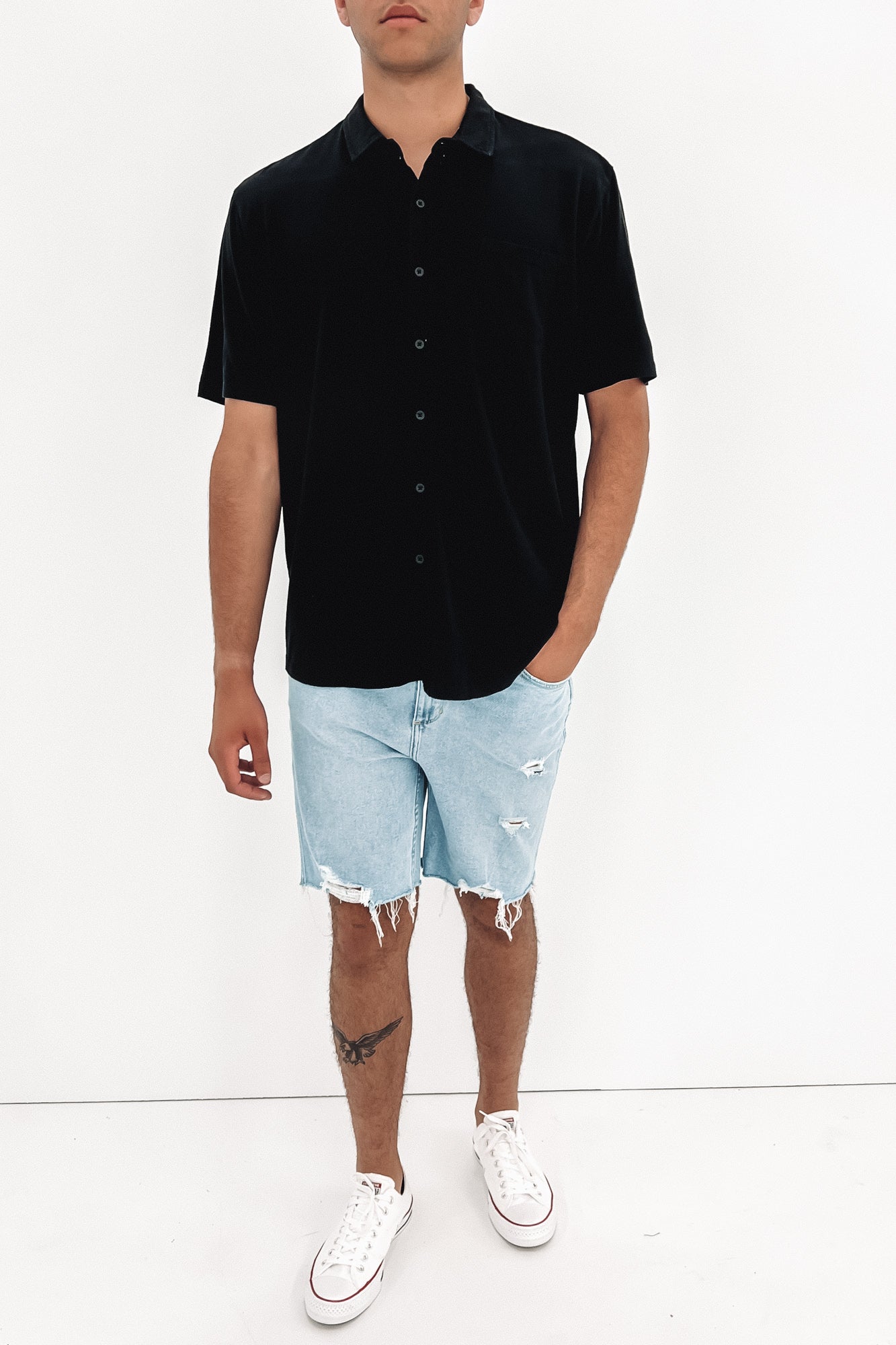 Linen Blend Jersey Short Sleeve Shirt Black