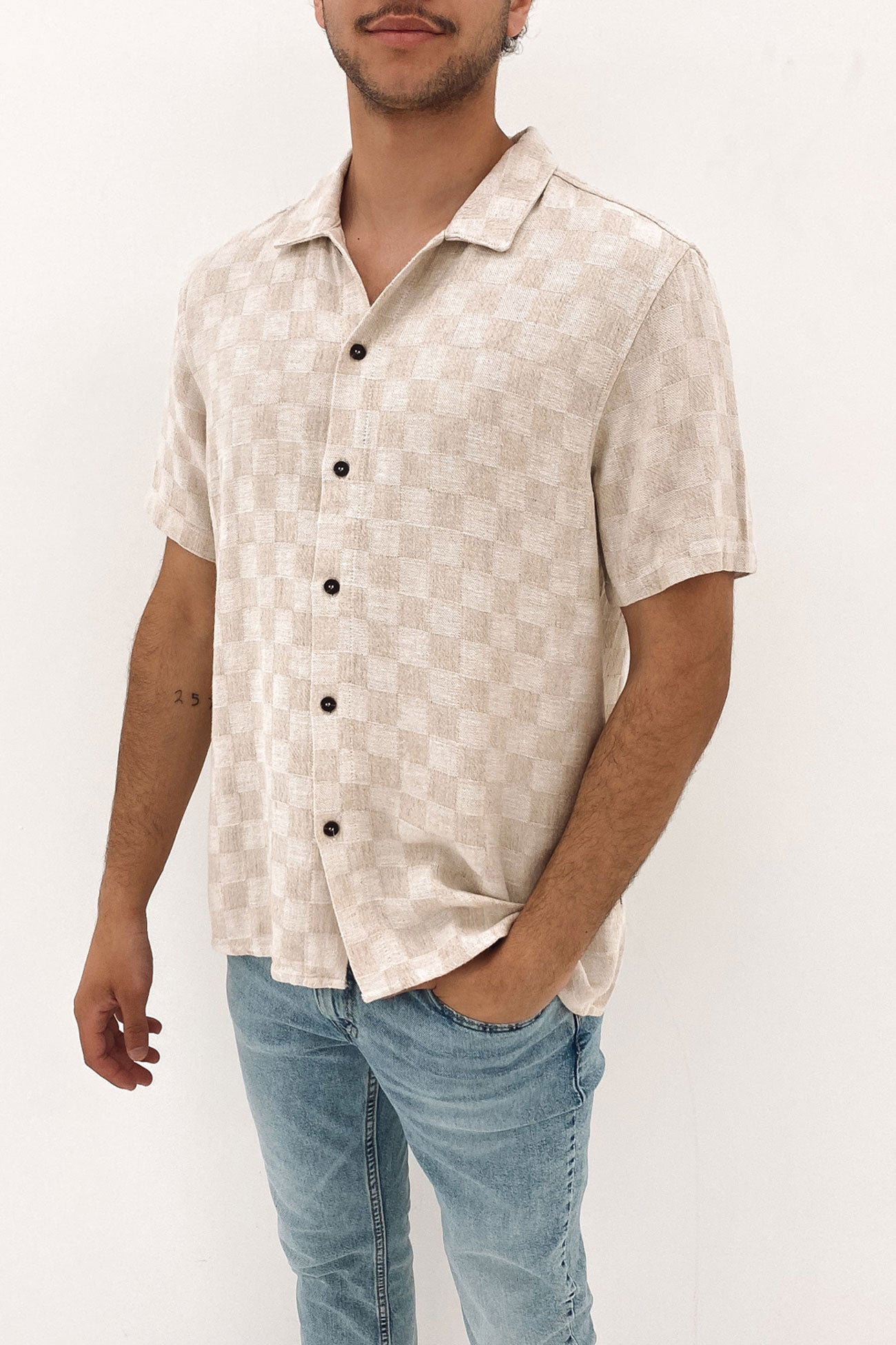 Linen Check Short Sleeve Shirt Natural