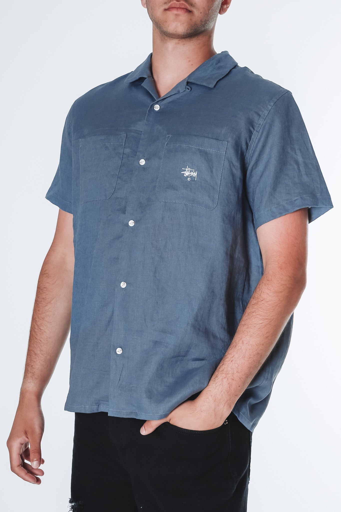 Linen Short Sleeve Shirt Dusty Blue