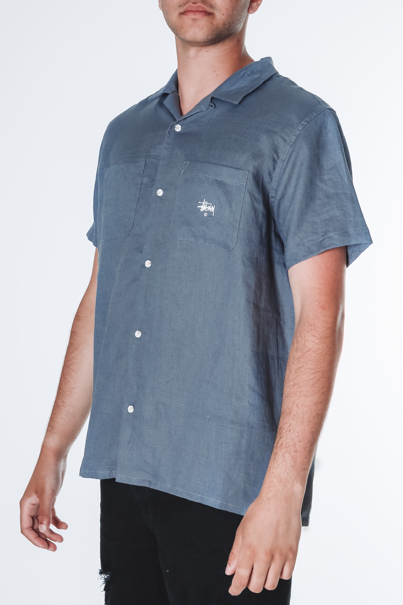 Linen Short Sleeve Shirt Dusty Blue