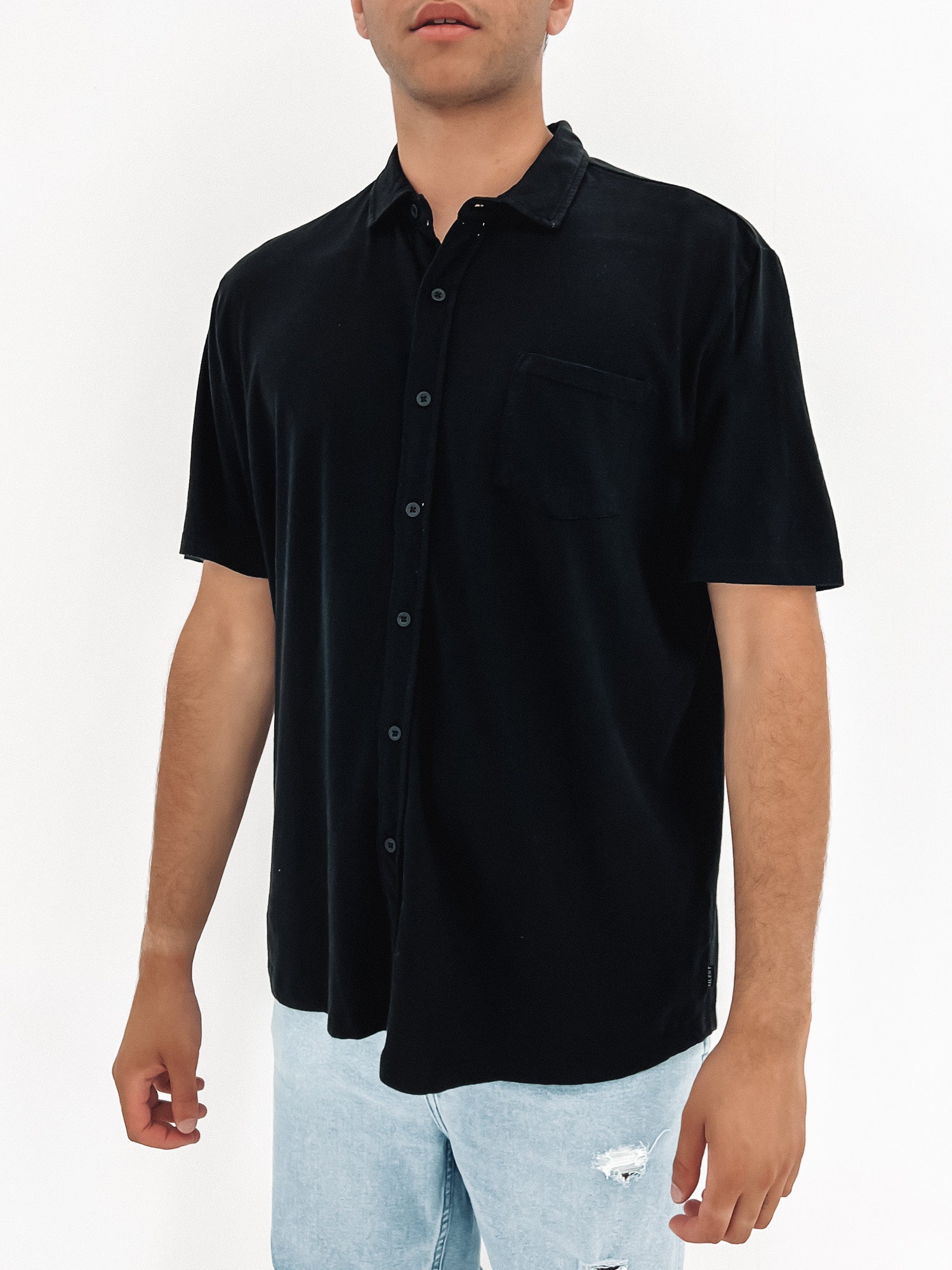 Linen Blend Jersey Short Sleeve Shirt Black