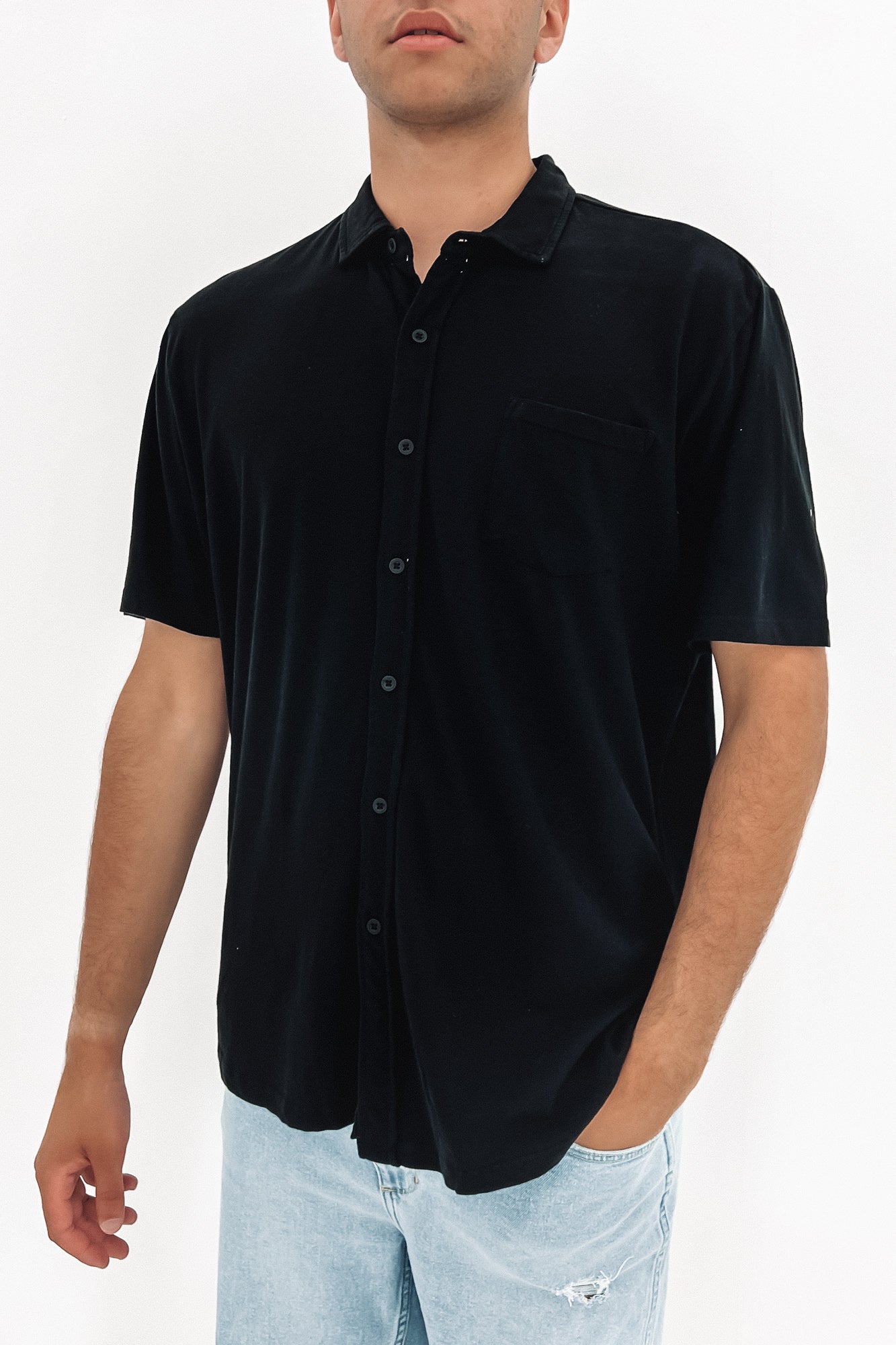 Linen Blend Jersey Short Sleeve Shirt Black