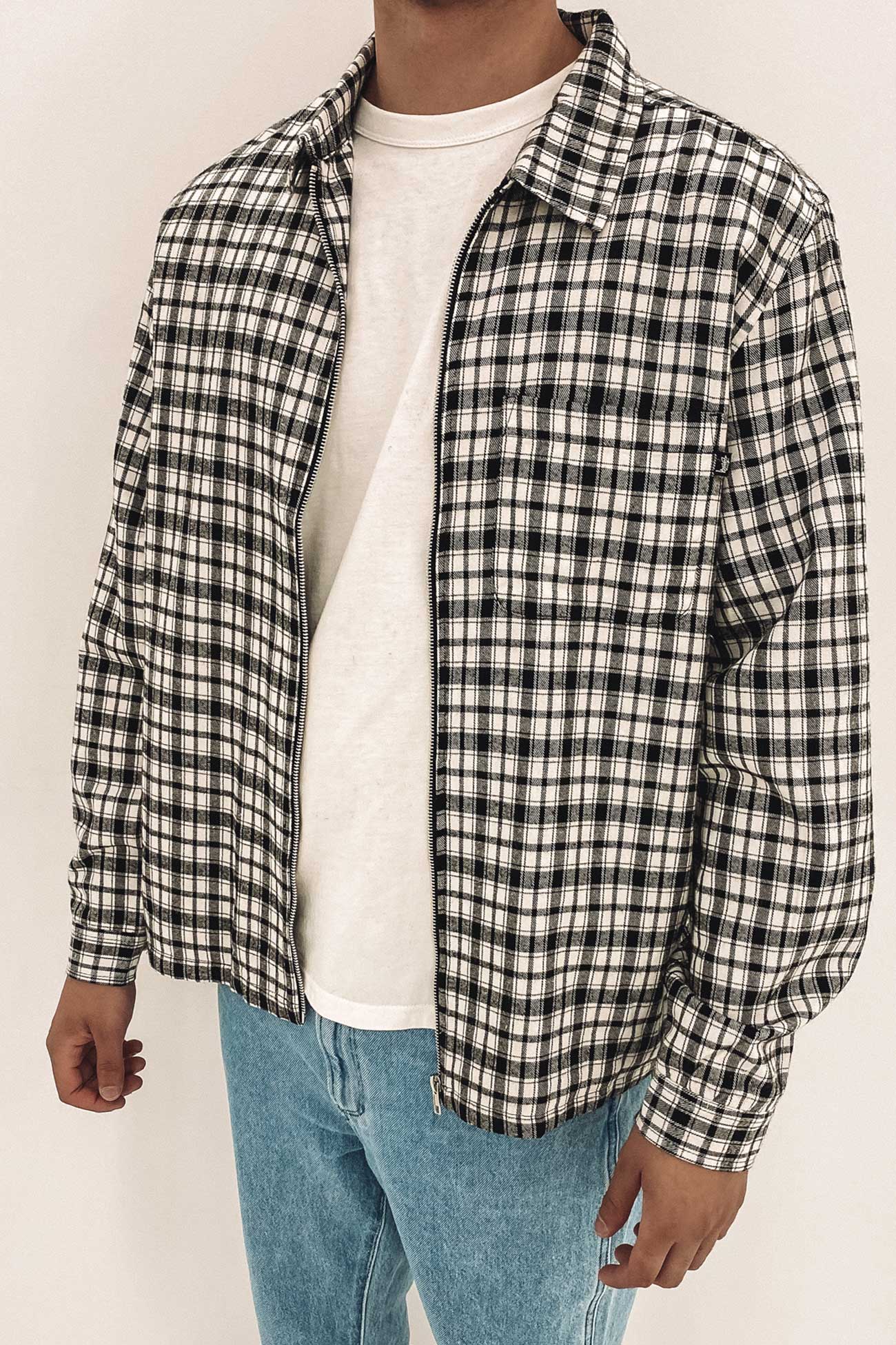 Long Sleeve Check Zip Up Shirt White