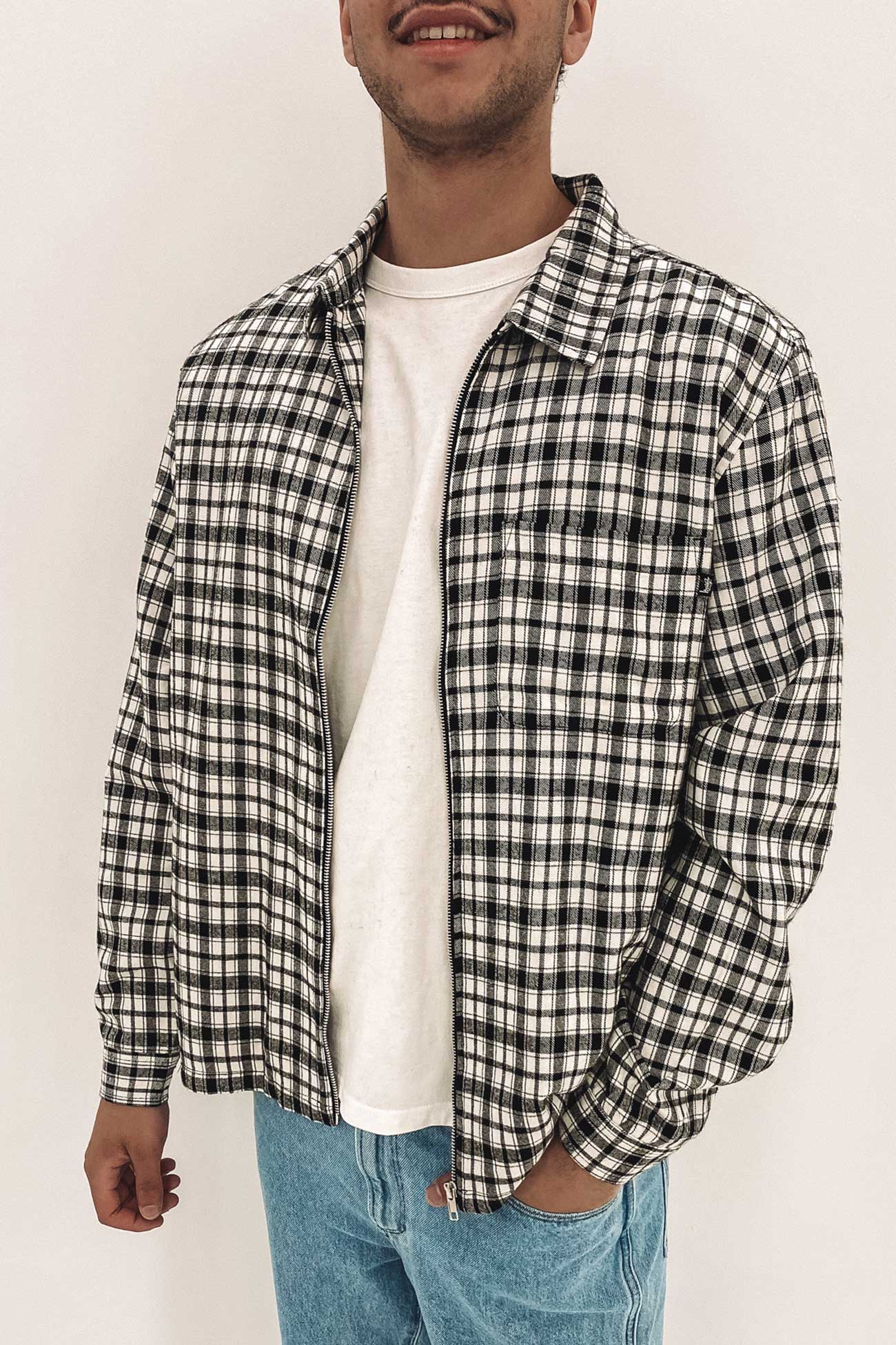 Long Sleeve Check Zip Up Shirt White