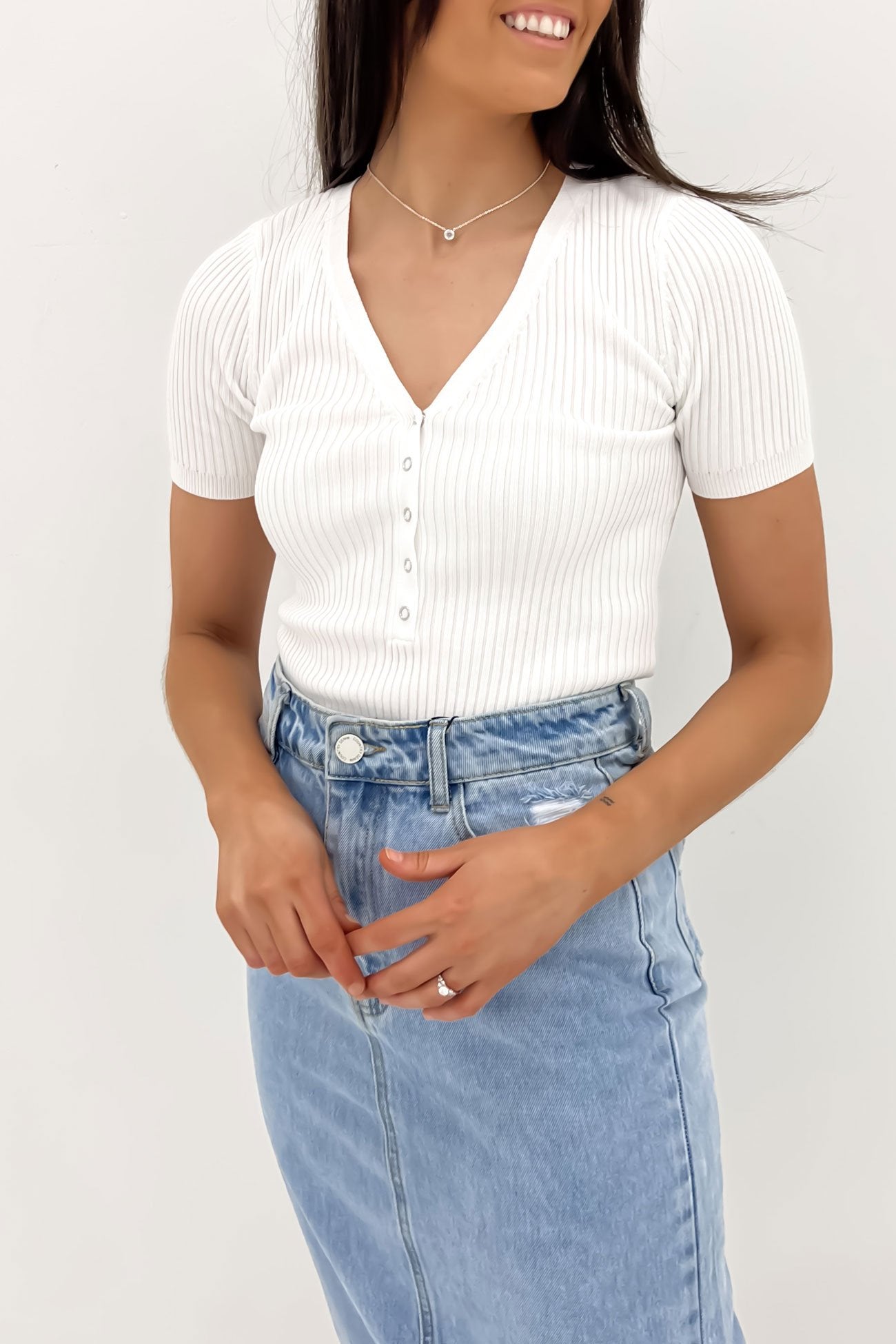 Lottie Ribbed Top Short Sleeve White