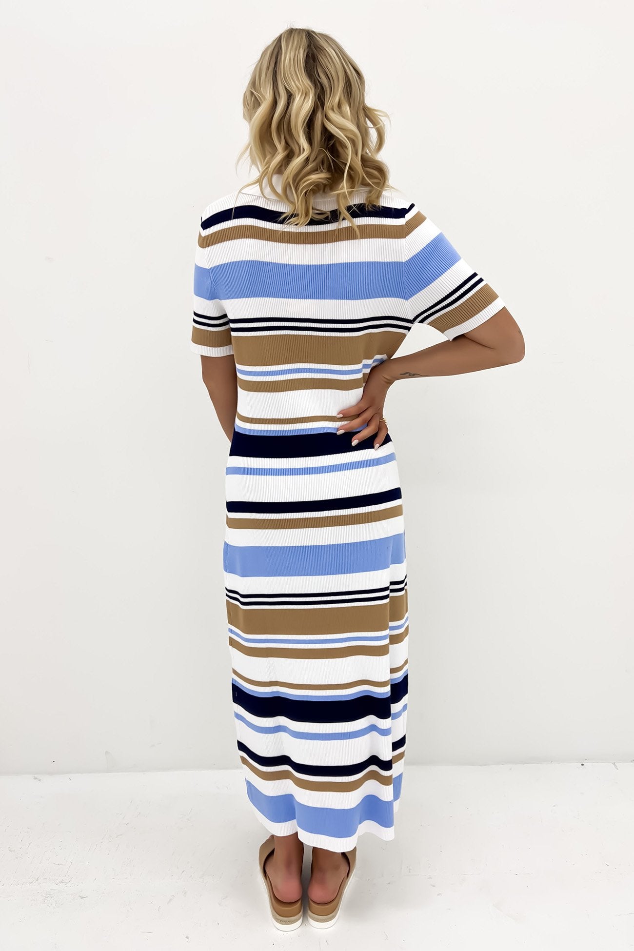 Marguerite Snap-Front Knit Midi Dress Blue White Beige Stripe