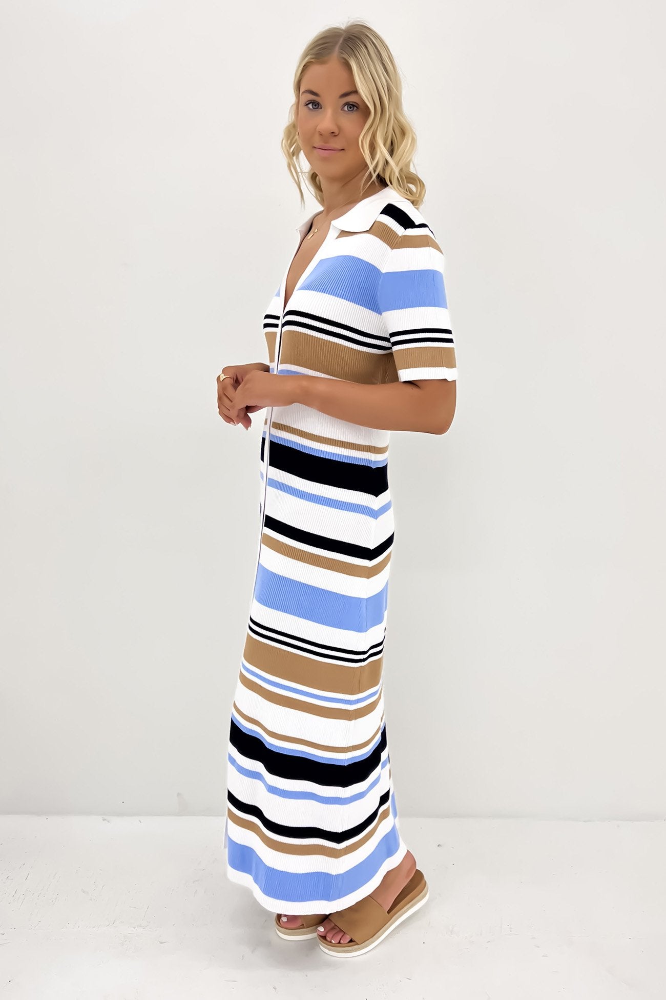 Marguerite Snap-Front Knit Midi Dress Blue White Beige Stripe