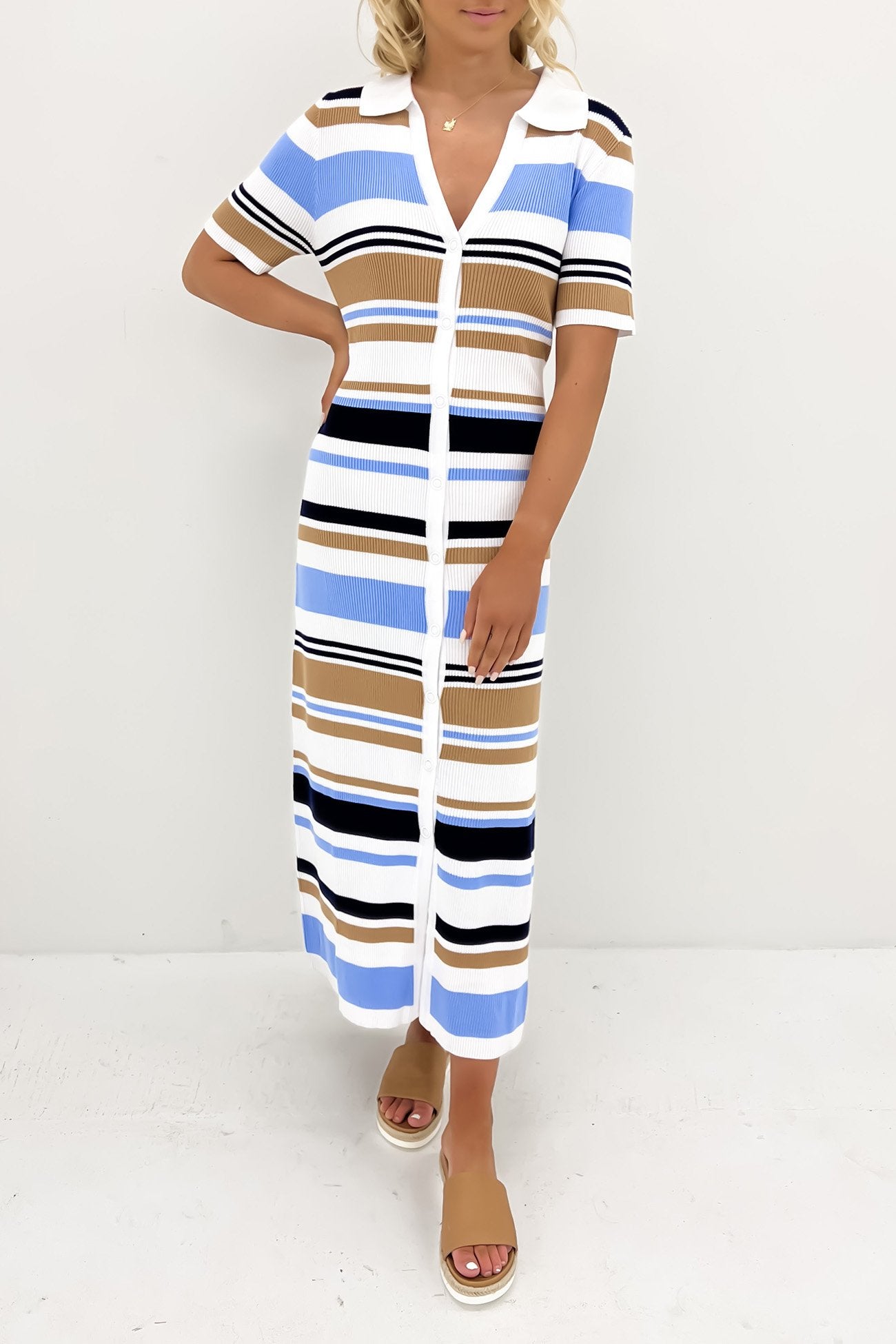 Marguerite Snap-Front Knit Midi Dress Blue White Beige Stripe