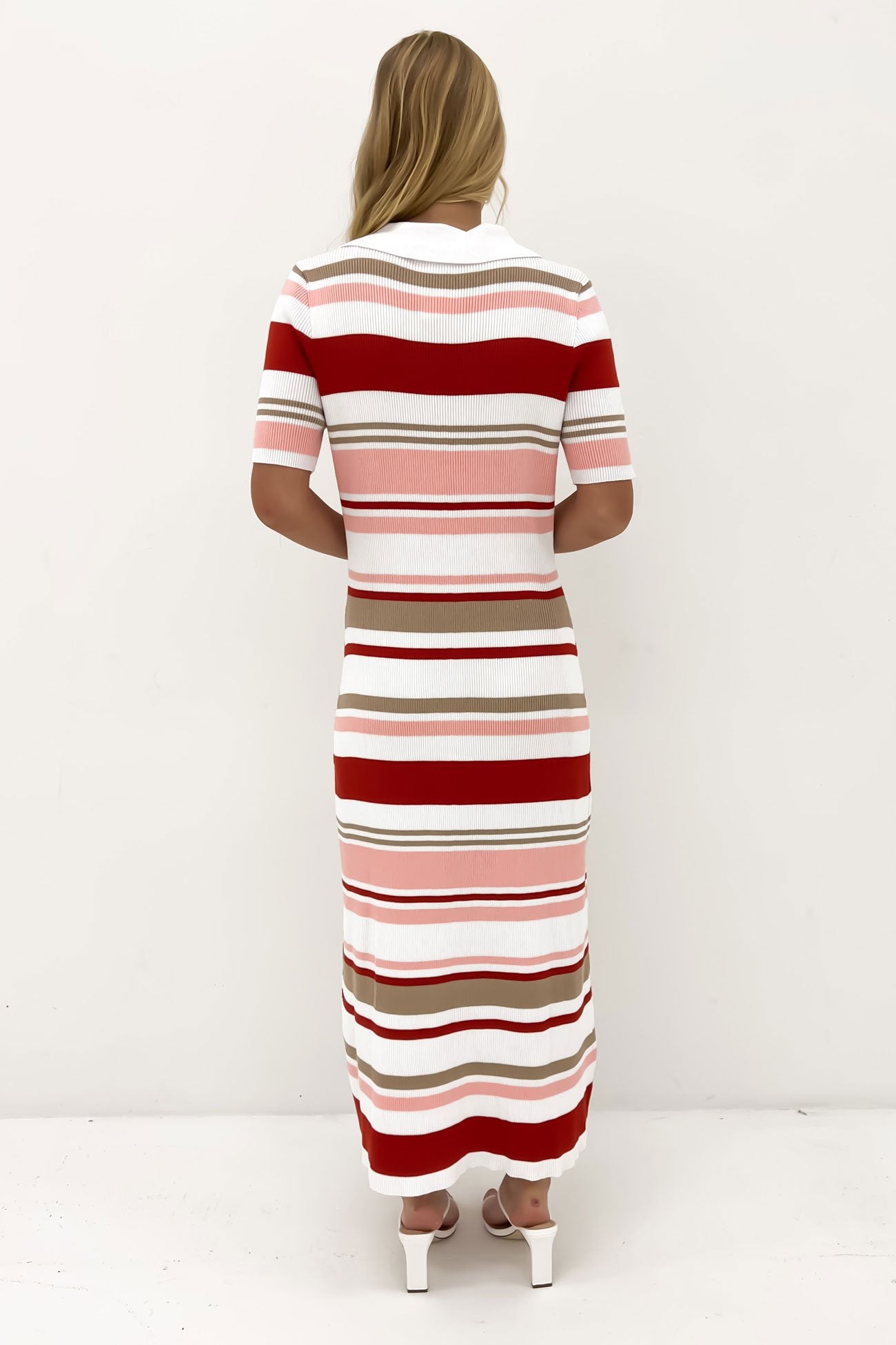 Marguerite Snap-Front Knit Midi Dress Pink Red Stripe