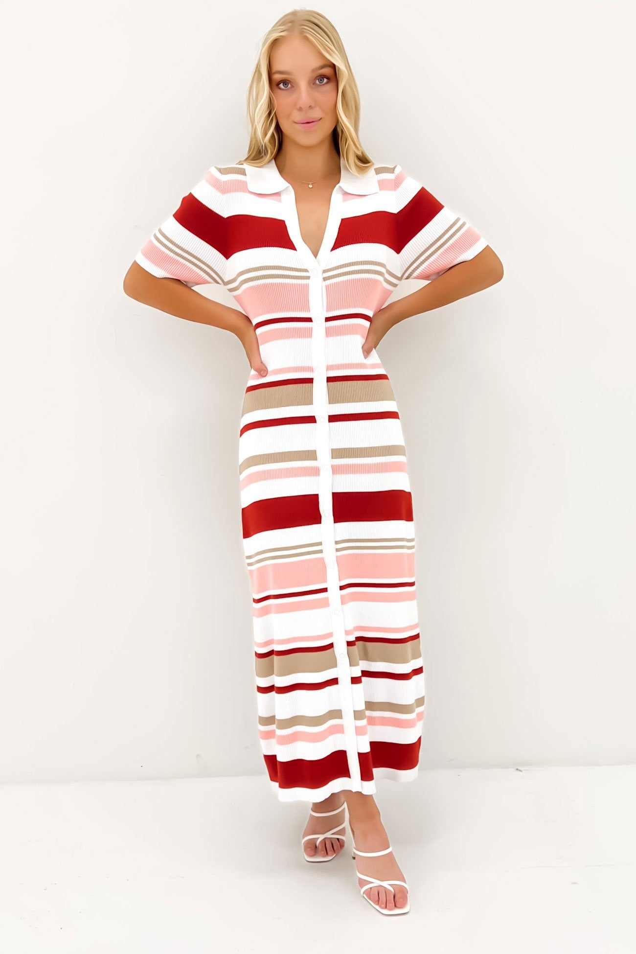 Marguerite Snap-Front Knit Midi Dress Pink Red Stripe