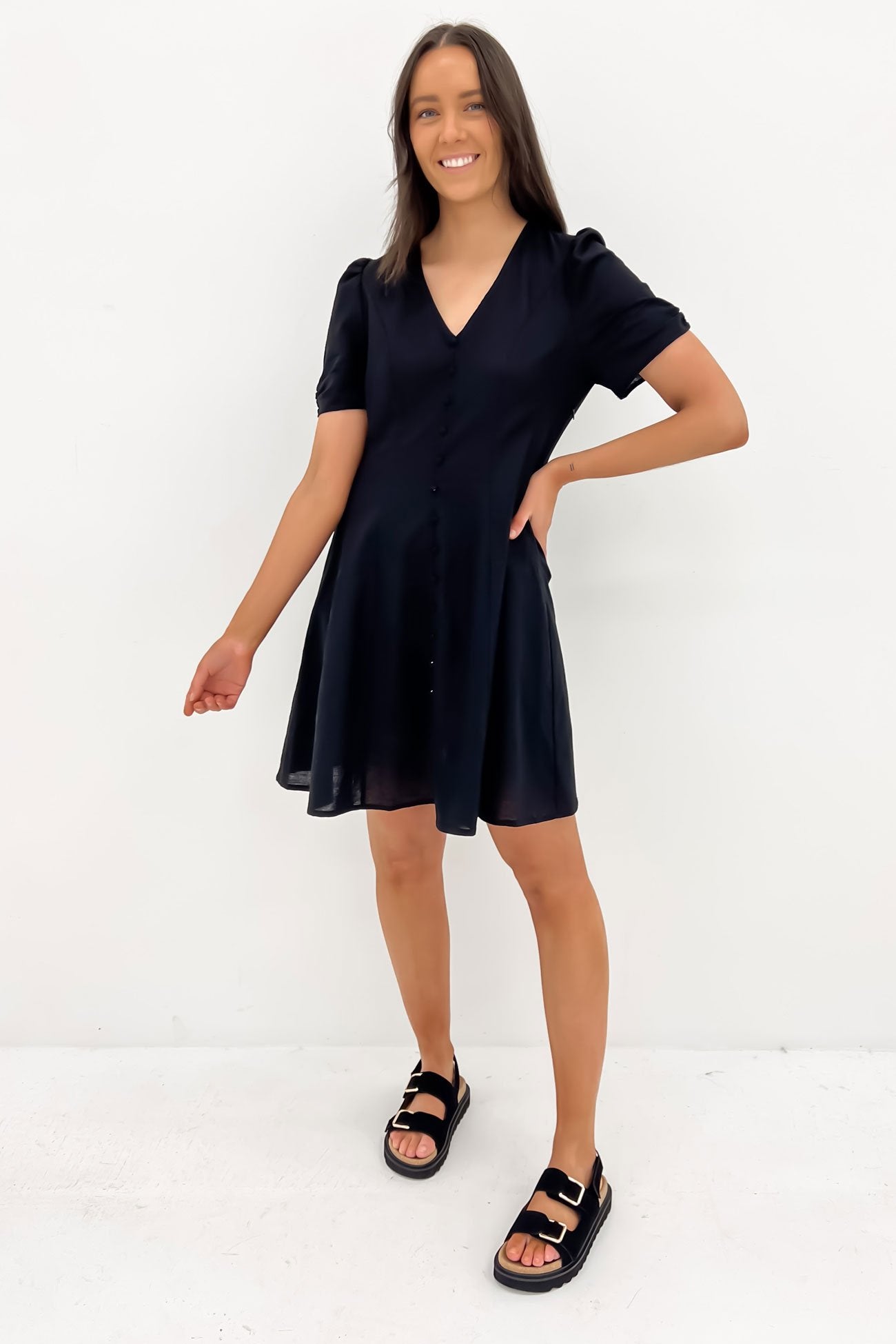 Marnie Button Thru Mini Dress Black